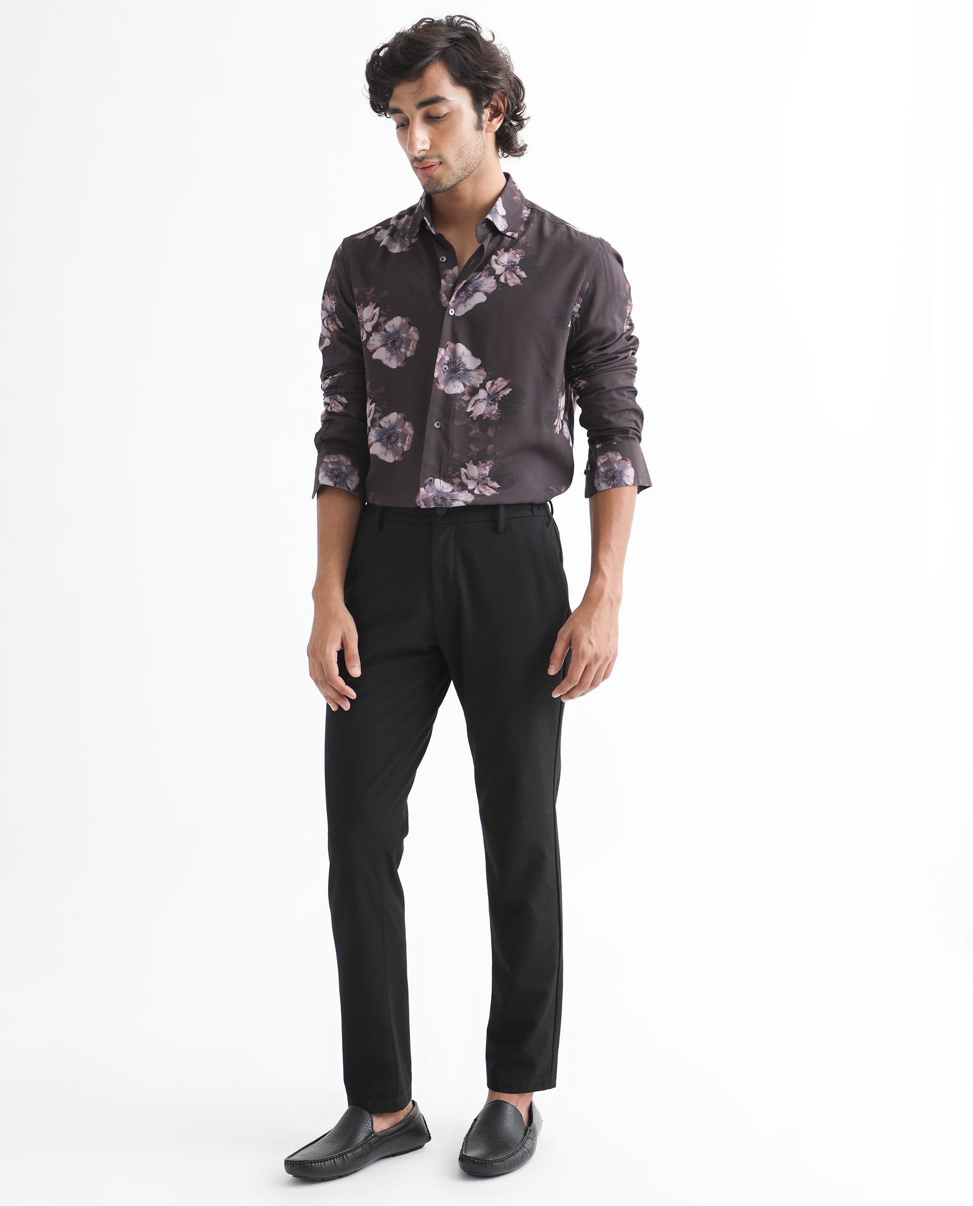 Rare Rabbit Men's Muds Brown Viscose Fabric Floral Print Full Sleeves Shirt