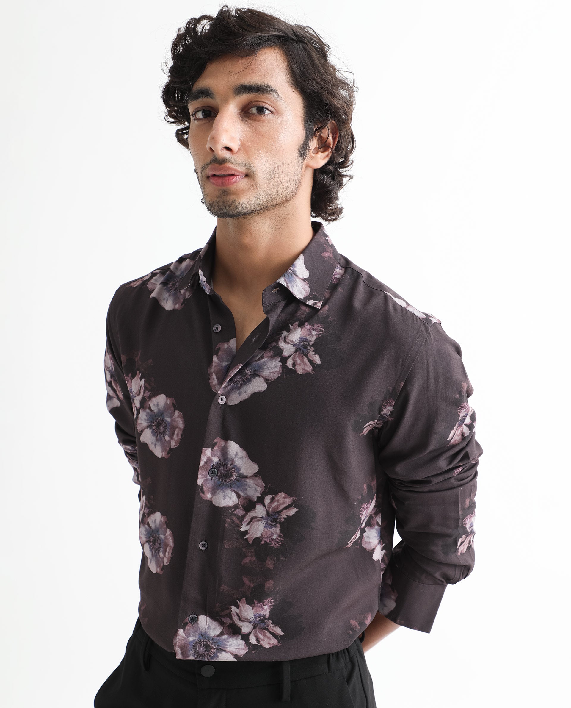 Rare Rabbit Men's Muds Brown Viscose Fabric Floral Print Full Sleeves Shirt