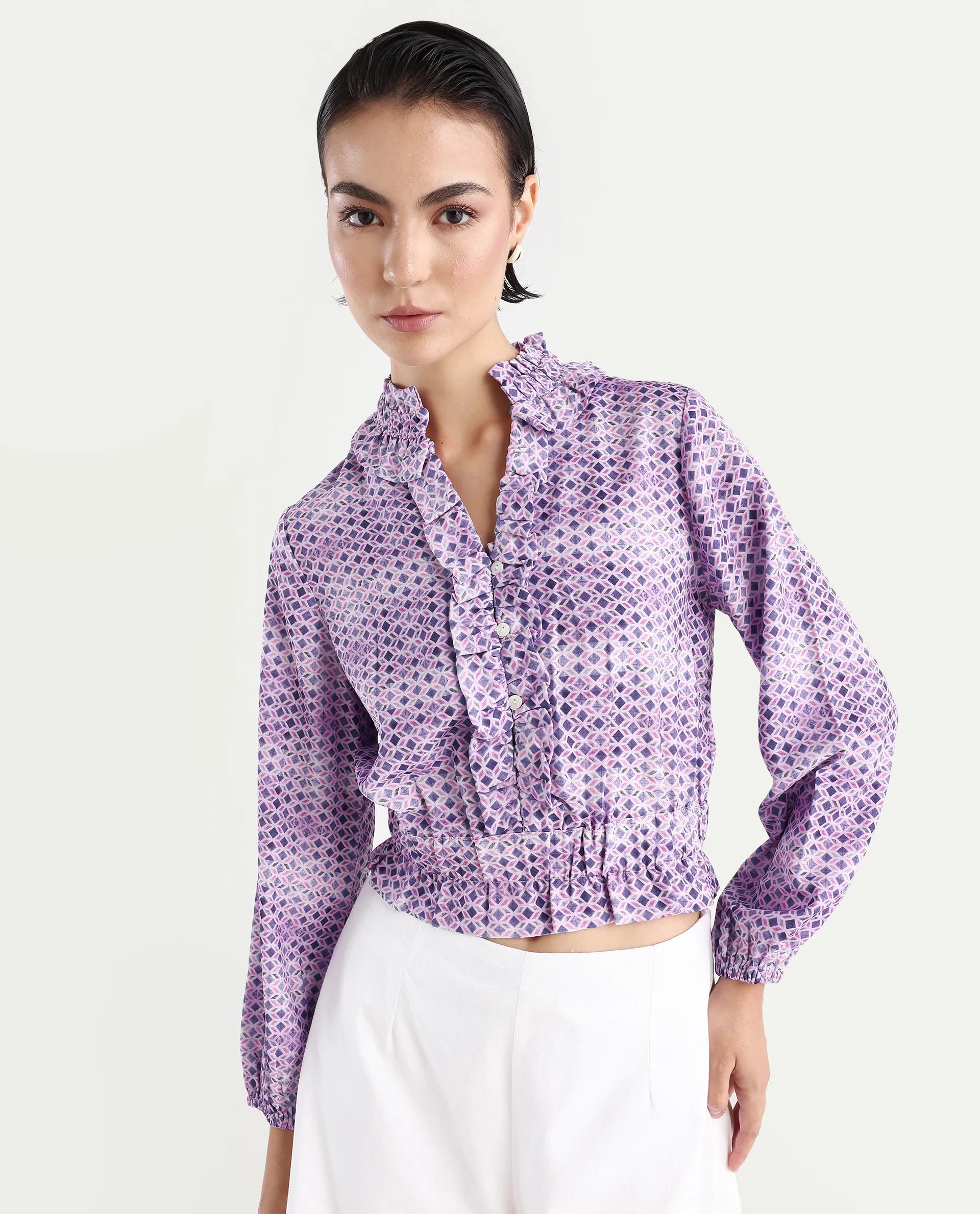 Rareism Women's Mugal Multi Polyester Blend V-Neck Geometric Print Balloon Sleeve Crop Regular Fit Top