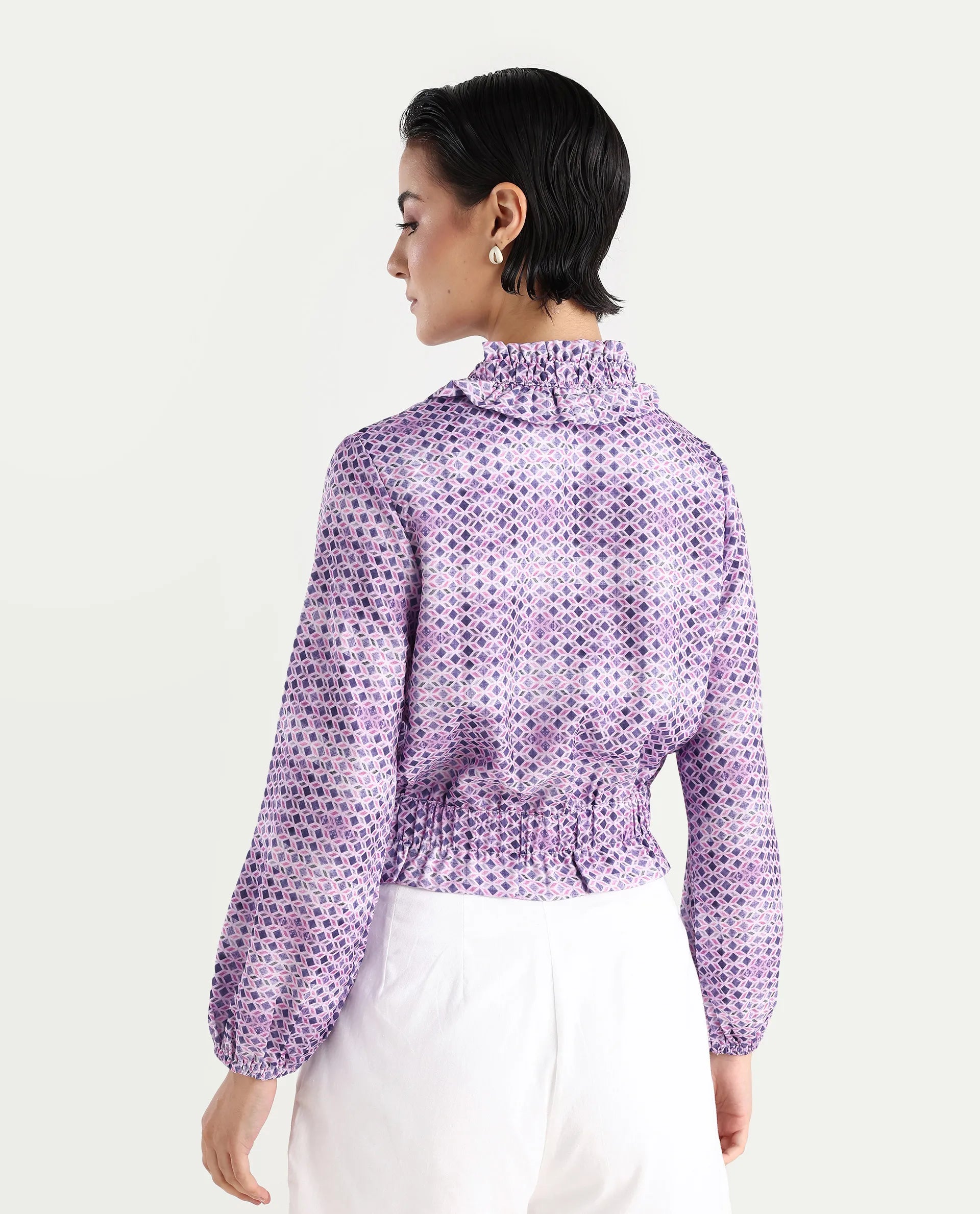 Rareism Women's Mugal Multi Polyester Blend V-Neck Geometric Print Balloon Sleeve Crop Regular Fit Top