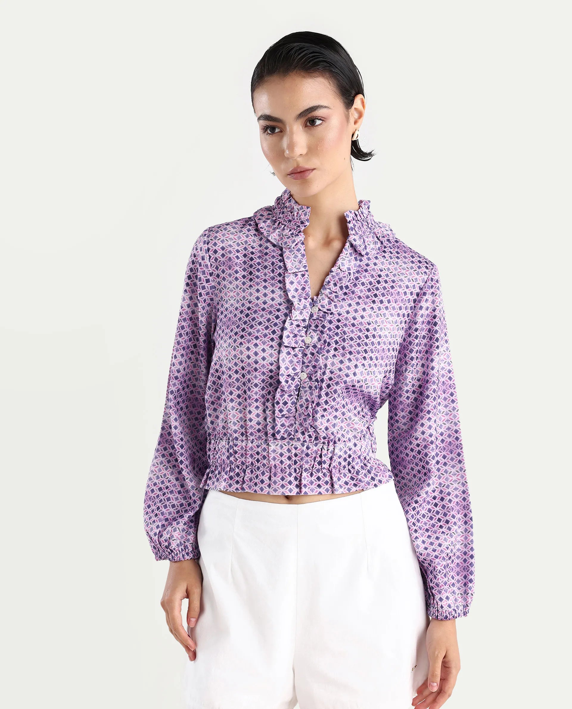 Rareism Women's Mugal Multi Polyester Blend V-Neck Geometric Print Balloon Sleeve Crop Regular Fit Top