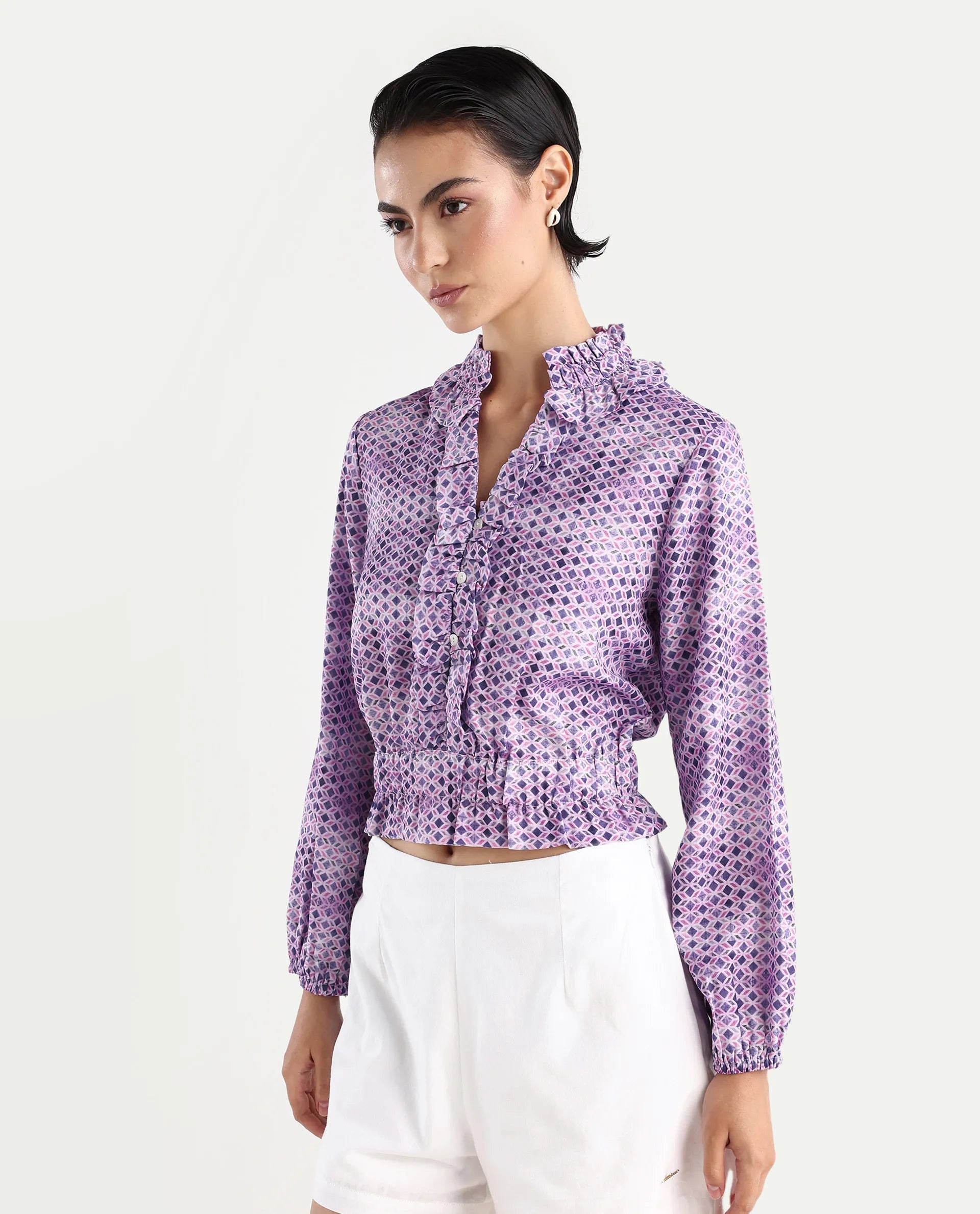 Rareism Women's Mugal Multi Polyester Blend V-Neck Geometric Print Balloon Sleeve Crop Regular Fit Top