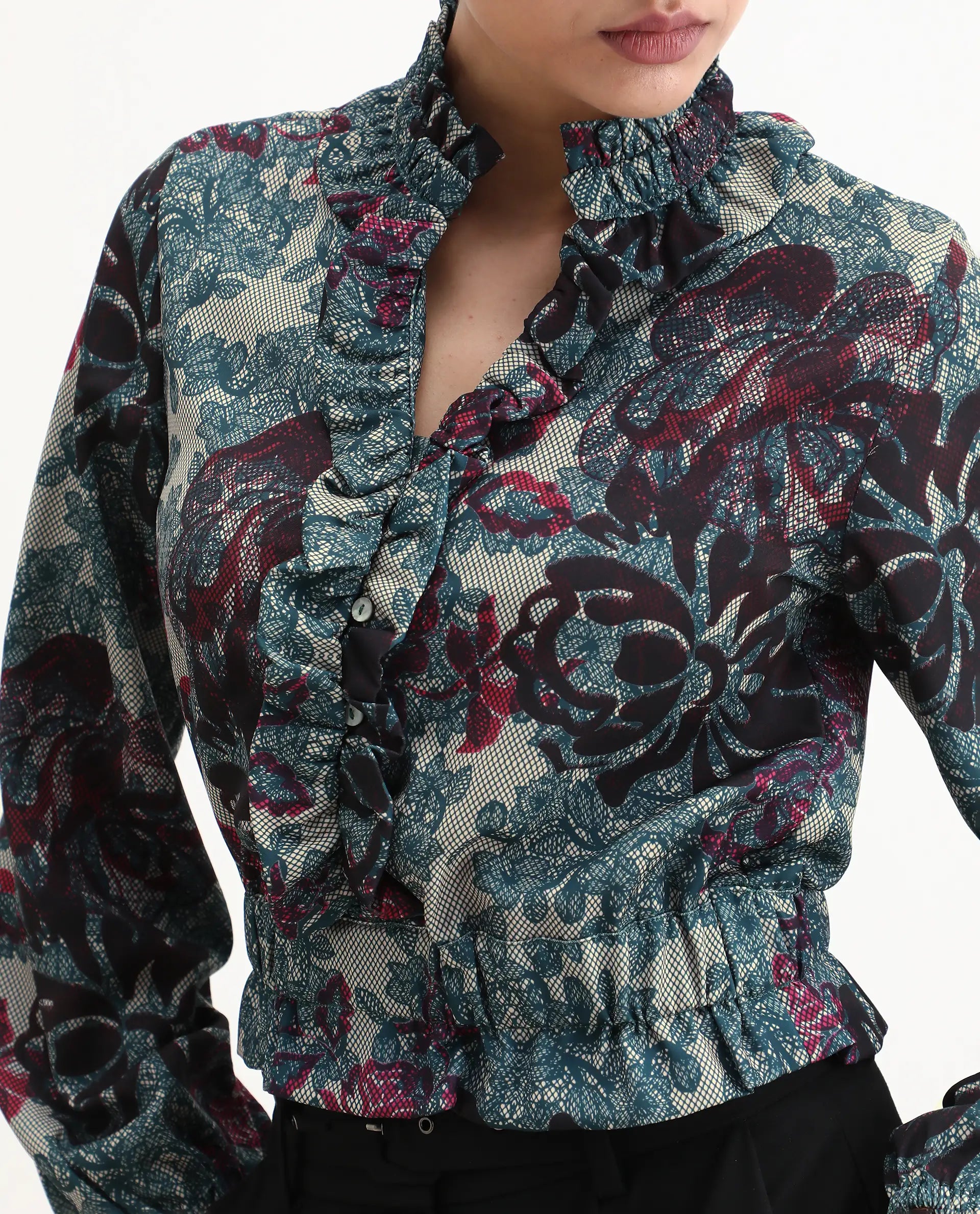 Rareism Women's Mugla Multi Polyester Blend V-Neck Floral Print Balloon Sleeve Crop Regular Fit Top