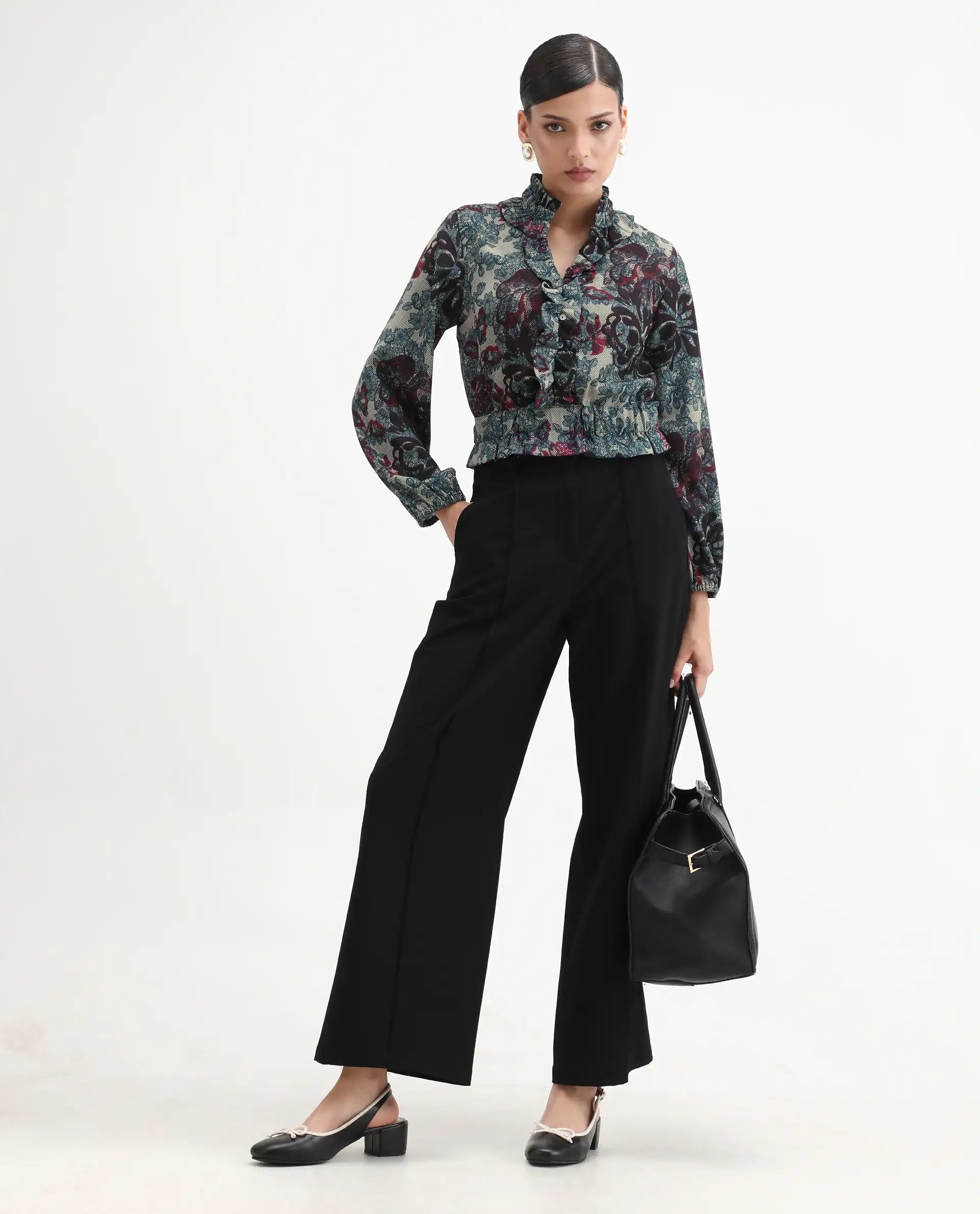 Rareism Women's Mugla Multi Polyester Blend V-Neck Floral Print Balloon Sleeve Crop Regular Fit Top