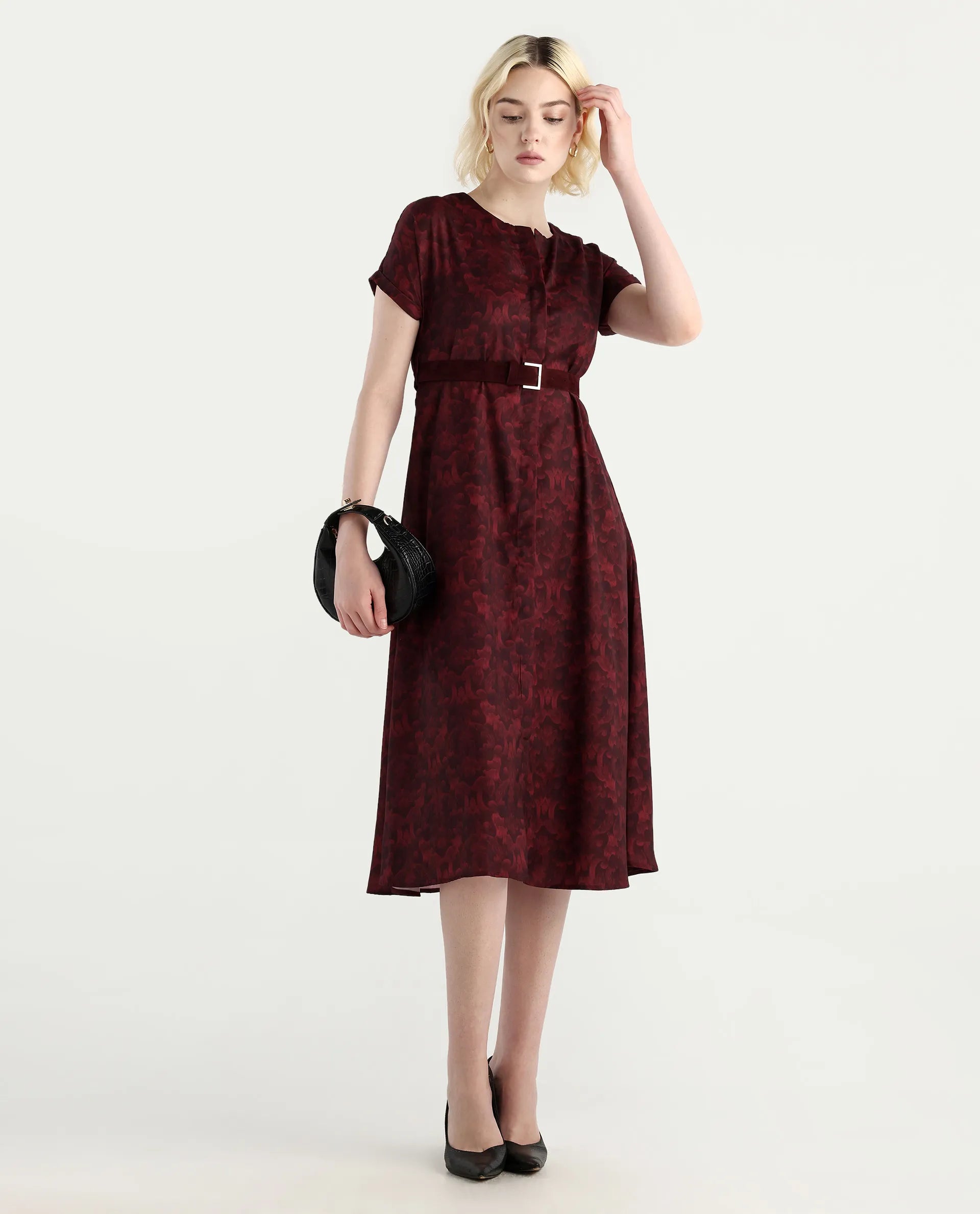 Rareism Women's Mulaani Maroon Satin Round Neck Abstract Print Extended Sleeves Midi A-Line Dress