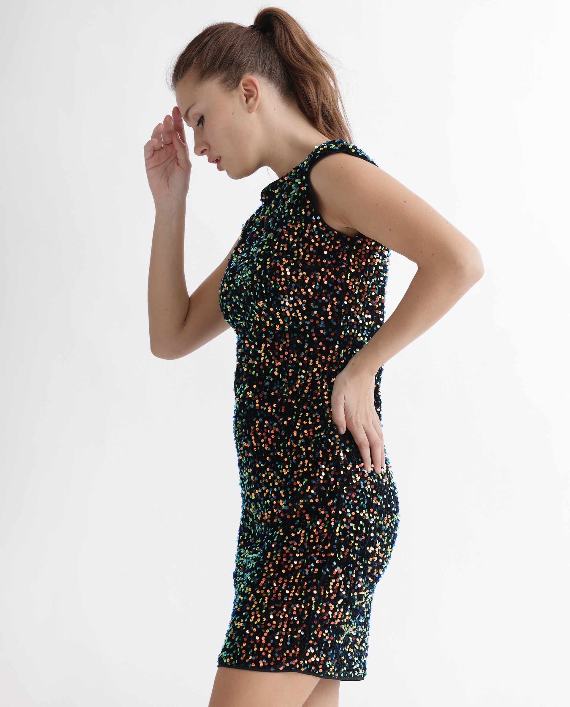 Rareism Women Mulan Sheen Purple Polyester Fabric Short Sleeves Round Neck Extended Sleeve Regular Fit Sequined Short Empire Dress