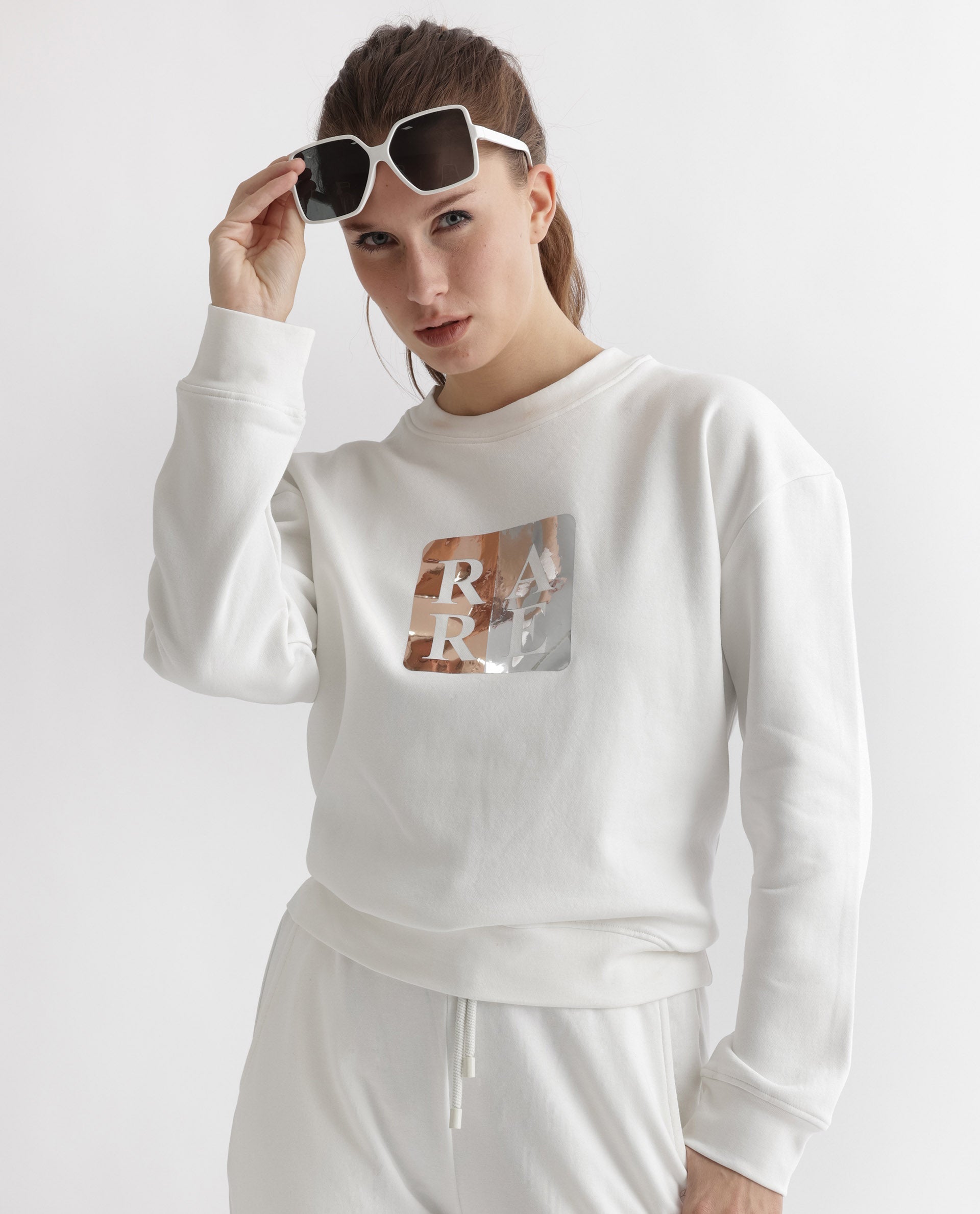 Rareism Articale Women Keith Off White Poly Cotton Fabric Full Sleeves Crew Neck Relaxed Fit Graphic Print Sweatshirt