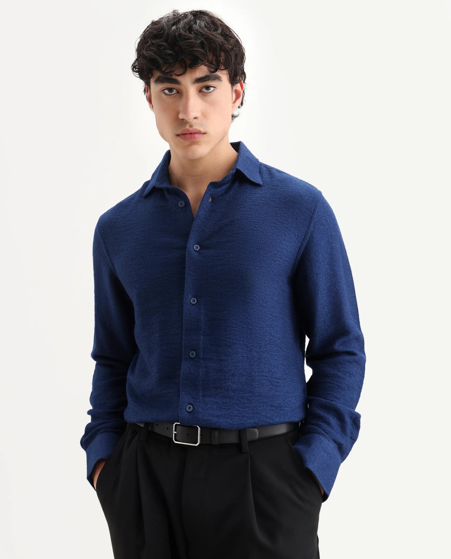 Rare Rabbit Men's Mulfir Blue Viscose Fabric Collared Neck Regular Fit Plain Shirt