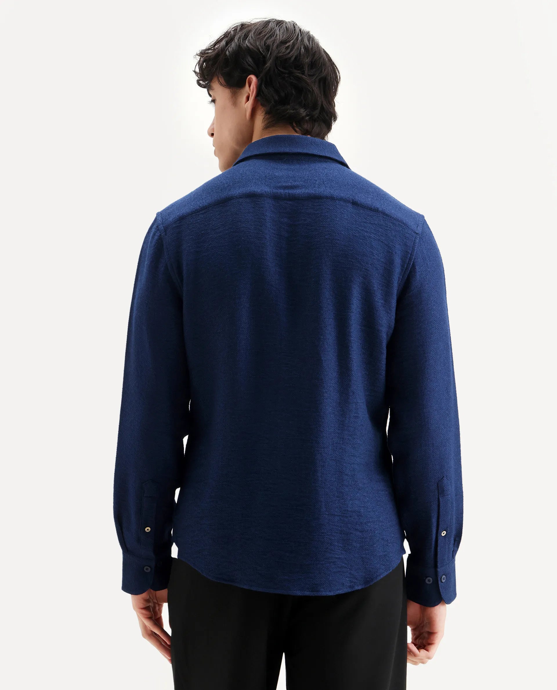 Rare Rabbit Men's Mulfir Blue Viscose Fabric Collared Neck Regular Fit Plain Shirt