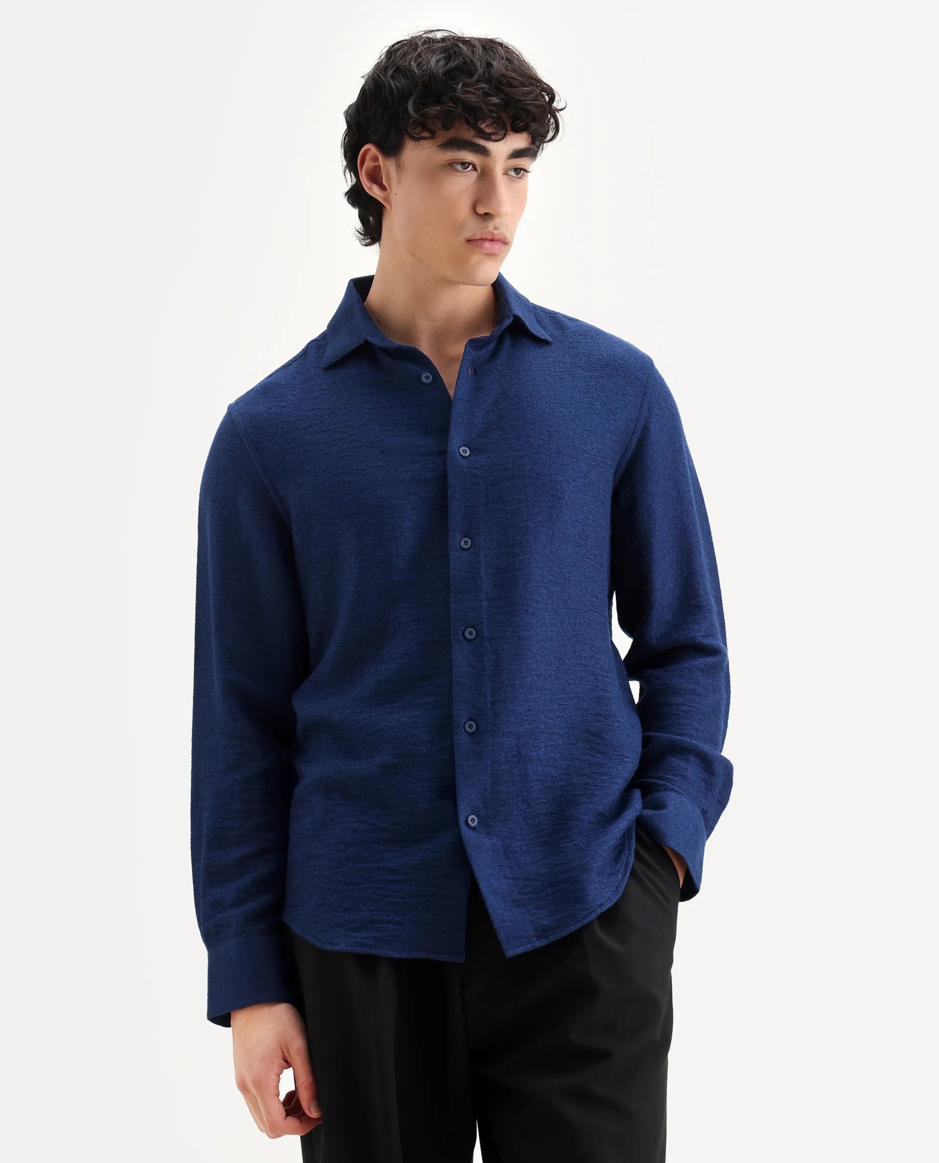 Rare Rabbit Men's Mulfir Blue Viscose Fabric Collared Neck Regular Fit Plain Shirt