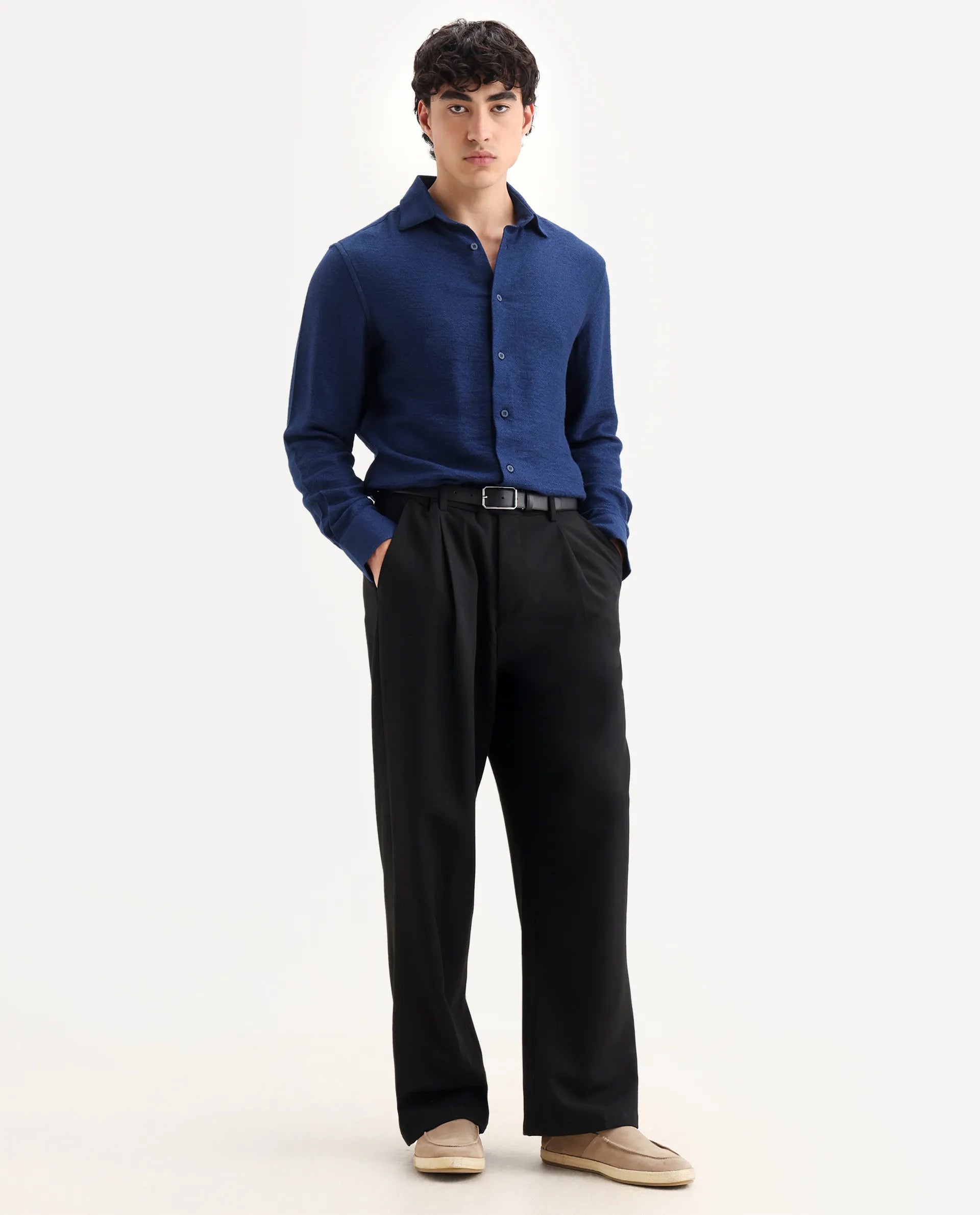 Rare Rabbit Men's Mulfir Blue Viscose Fabric Collared Neck Regular Fit Plain Shirt