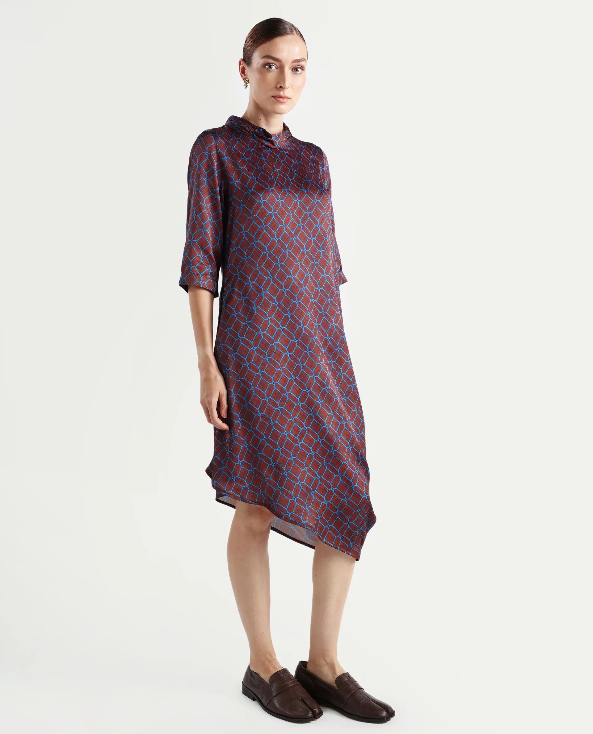 Rareism Women's Mullivio Brown Satin High Neck Geometric Print Midi Relaxed Fit Dress