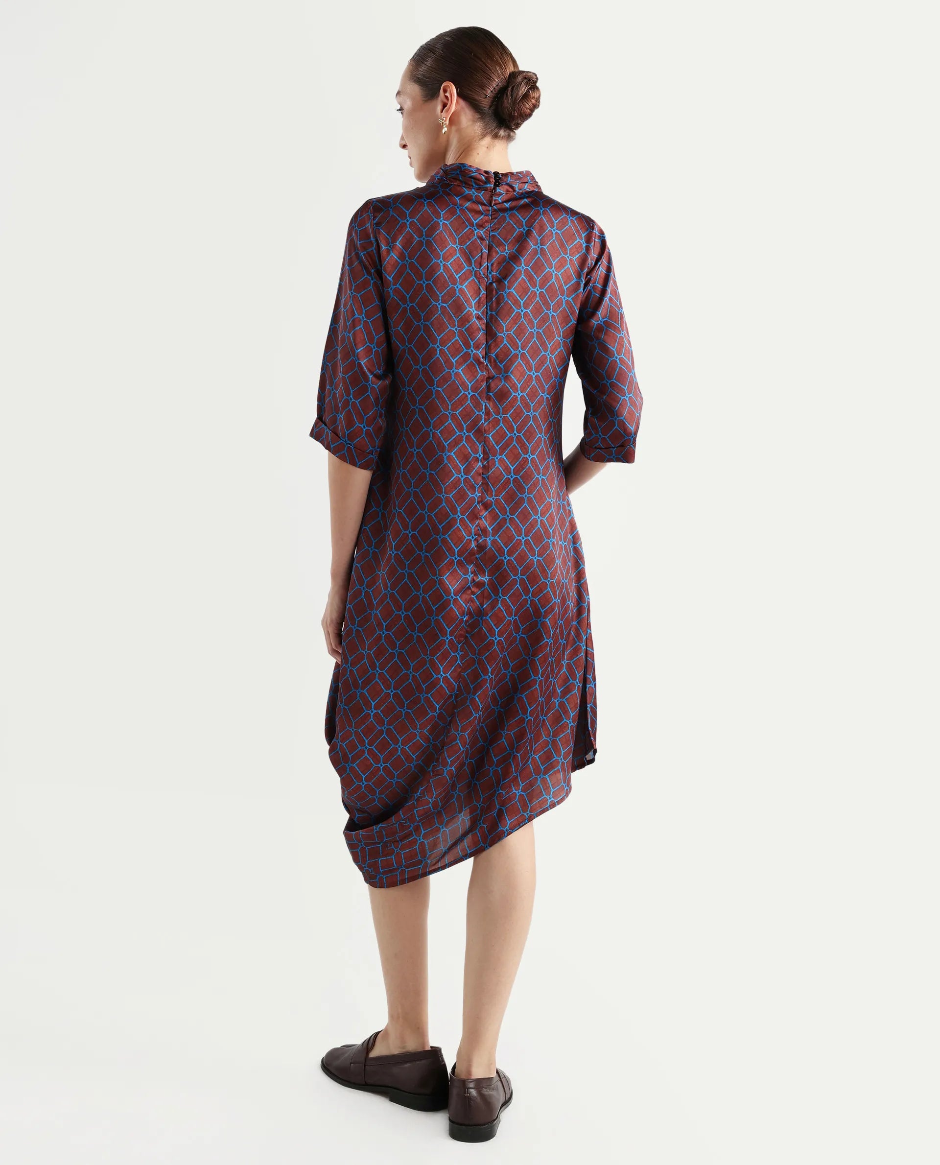 Rareism Women's Mullivio Brown Satin High Neck Geometric Print Midi Relaxed Fit Dress