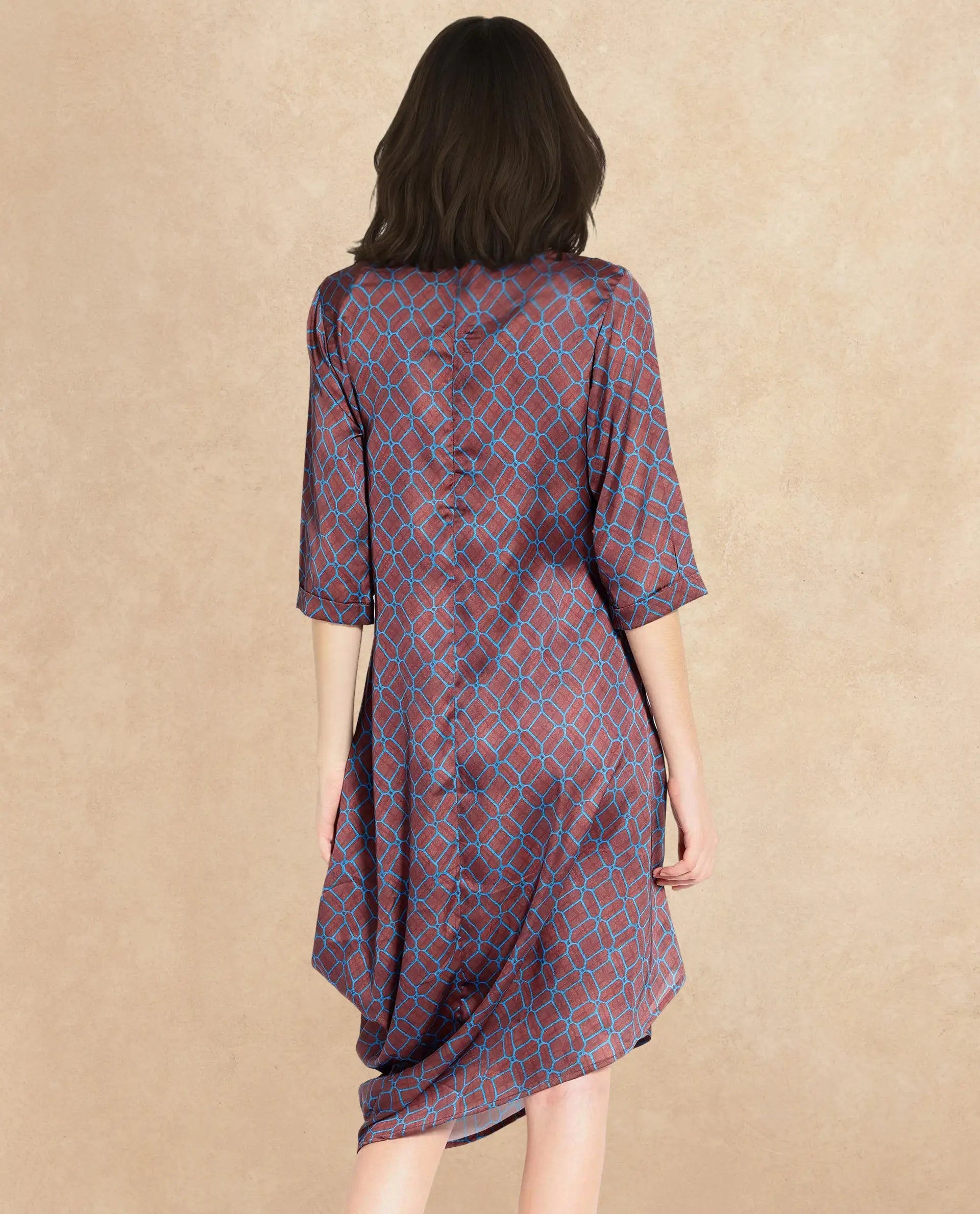 Rareism Women Mullivio Brown 3/4Th Sleeve High Neck Zipper Relaxed Fit Geometric Print Midi Dress