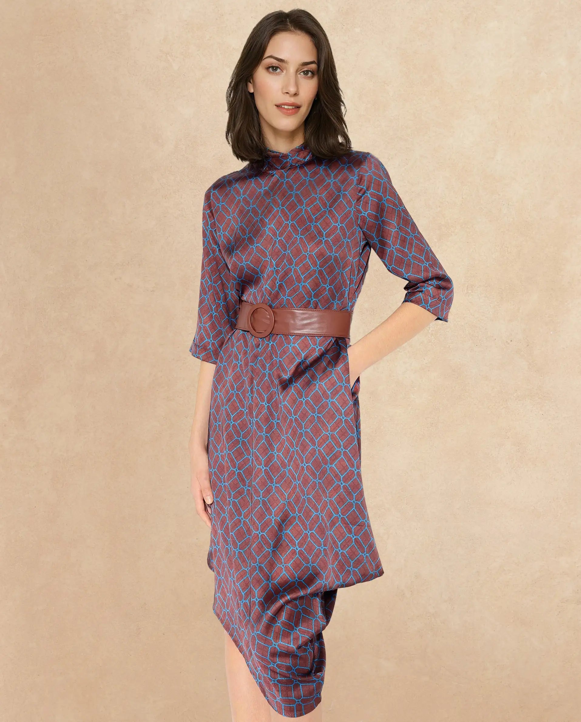 Rareism Women Mullivio Brown 3/4Th Sleeve High Neck Zipper Relaxed Fit Geometric Print Midi Dress