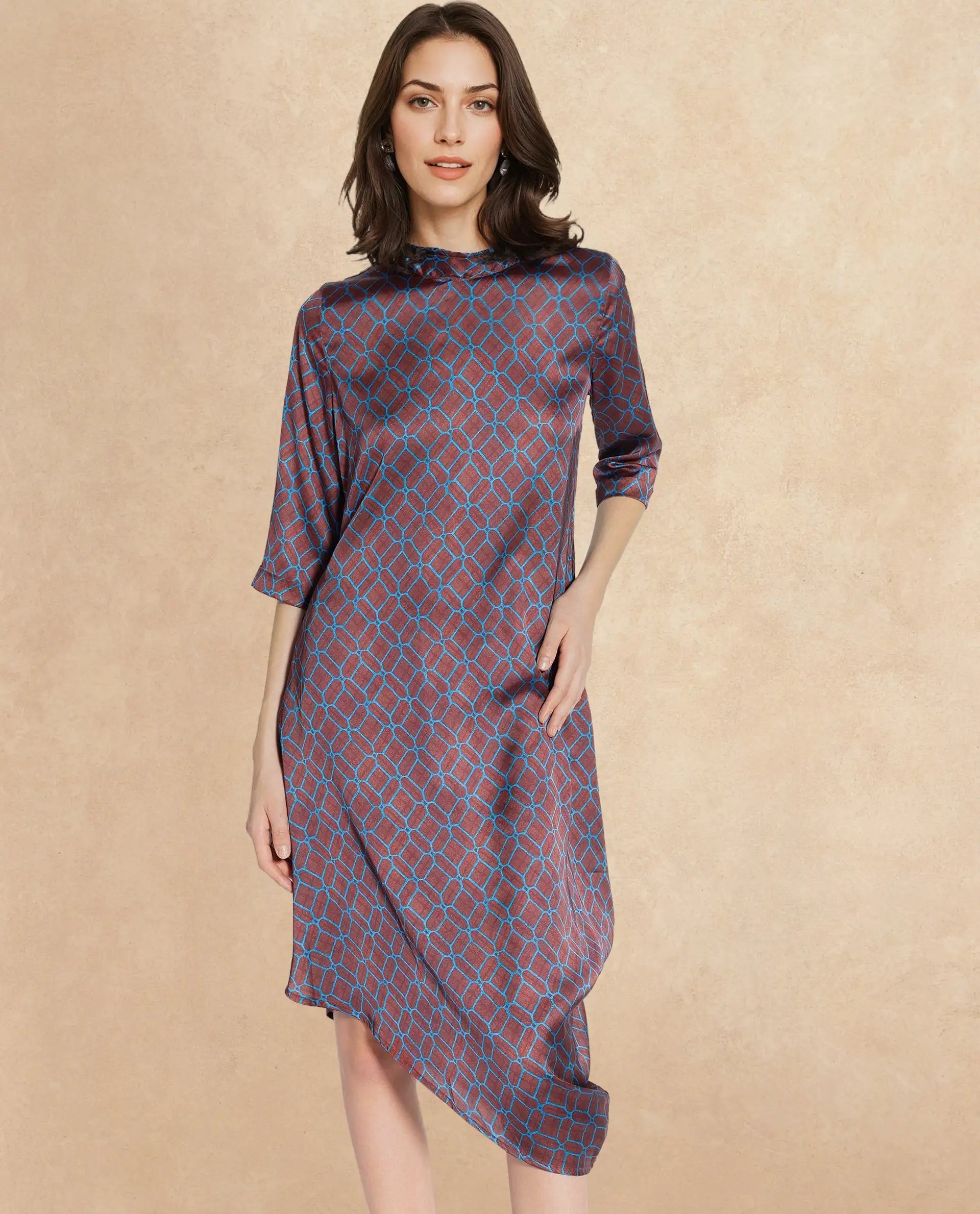 Rareism Women Mullivio Brown 3/4Th Sleeve High Neck Zipper Relaxed Fit Geometric Print Midi Dress