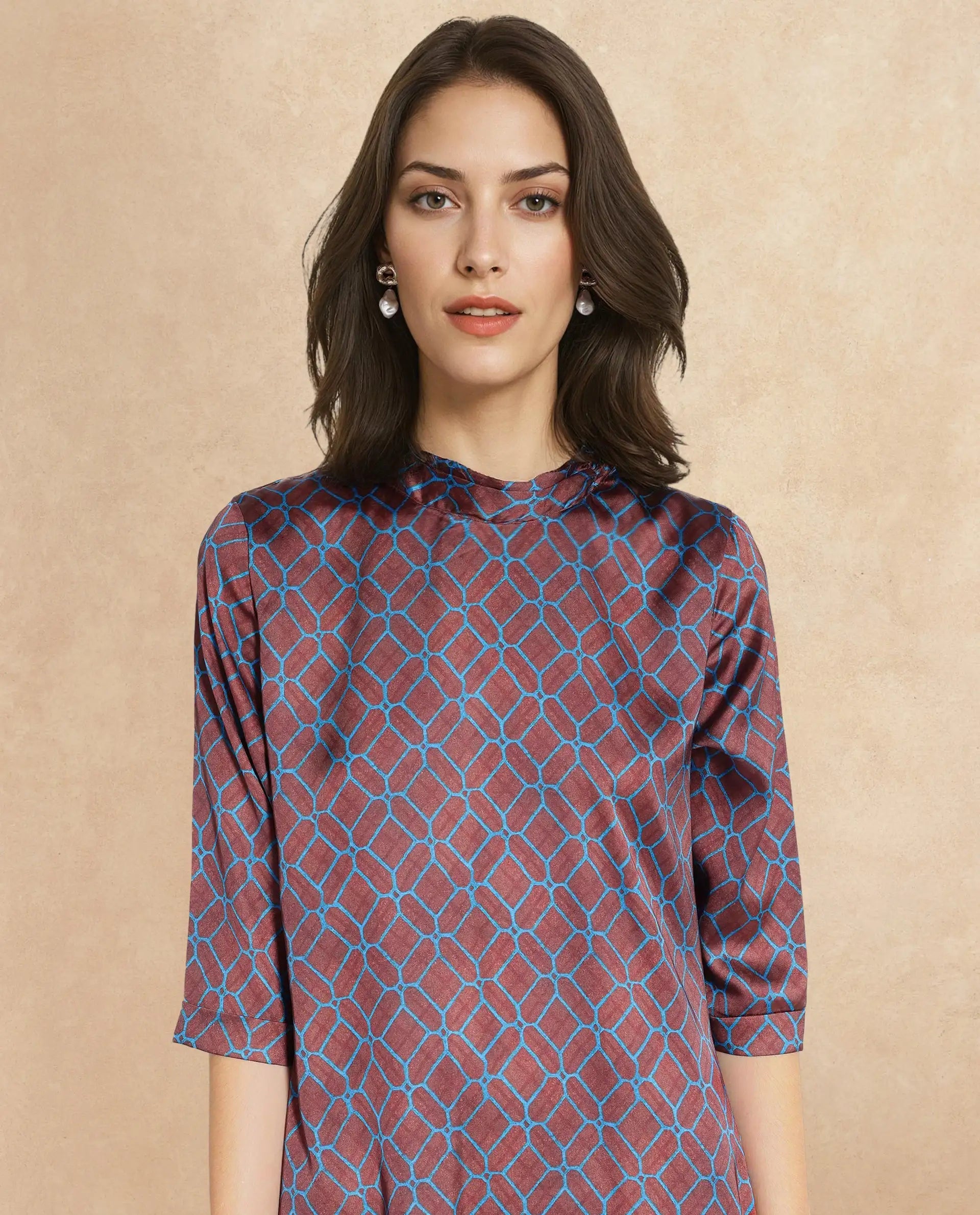 Rareism Women Mullivio Brown 3/4Th Sleeve High Neck Zipper Relaxed Fit Geometric Print Midi Dress