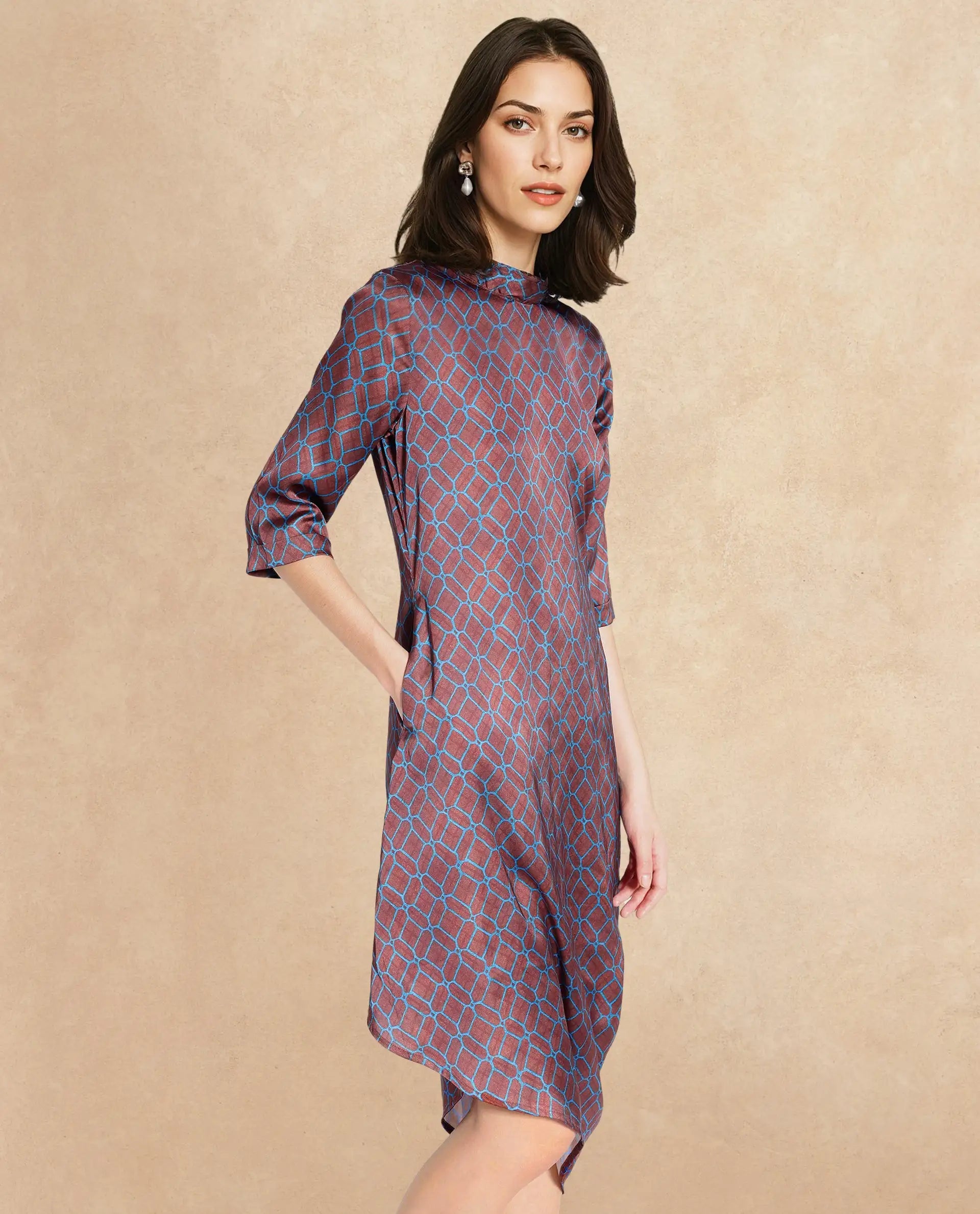 Rareism Women Mullivio Brown 3/4Th Sleeve High Neck Zipper Relaxed Fit Geometric Print Midi Dress