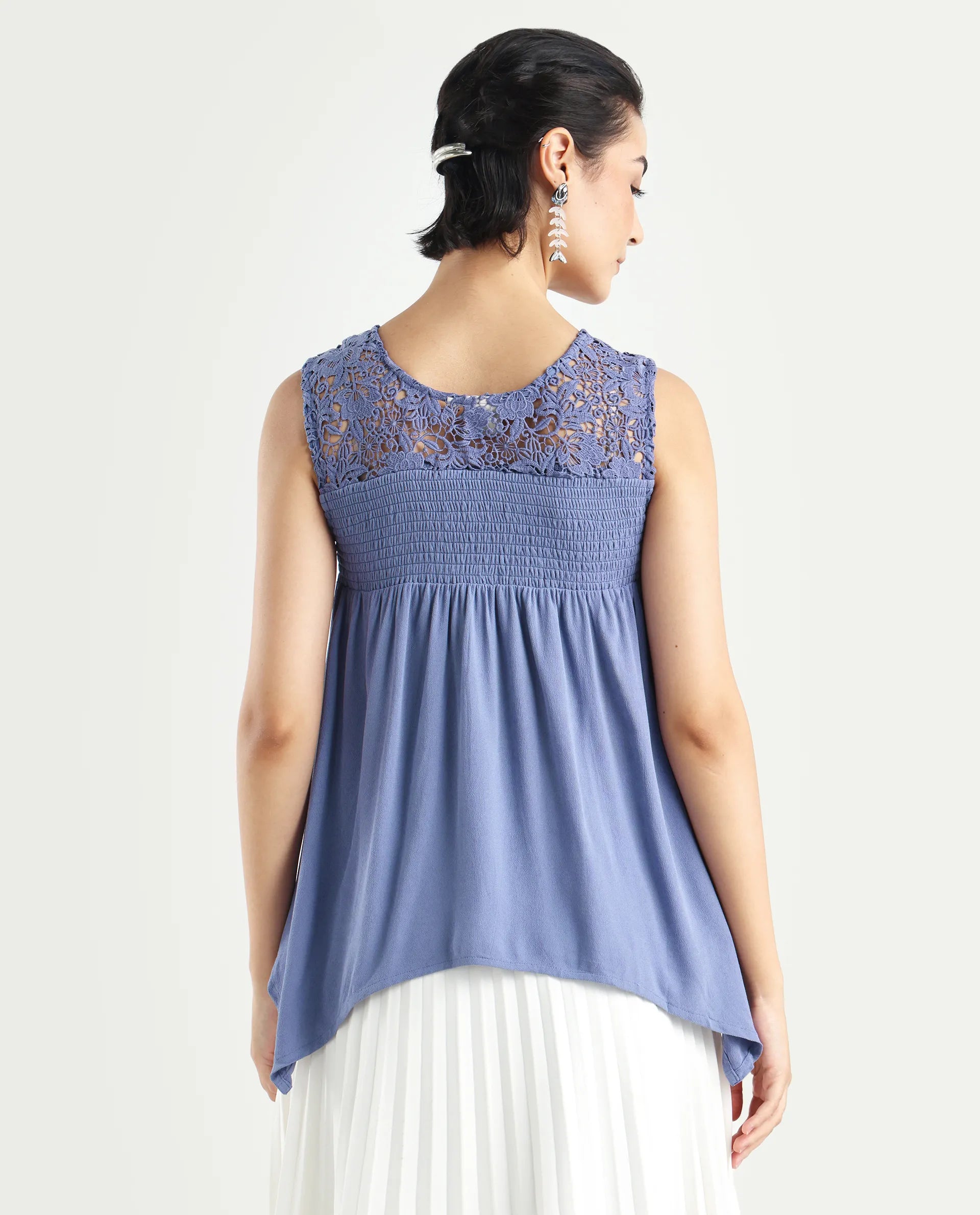 Rareism Women's Mumia Dusky Blue Viscose Blend Crew Neck Plain Sleeveless Regular Fit Top