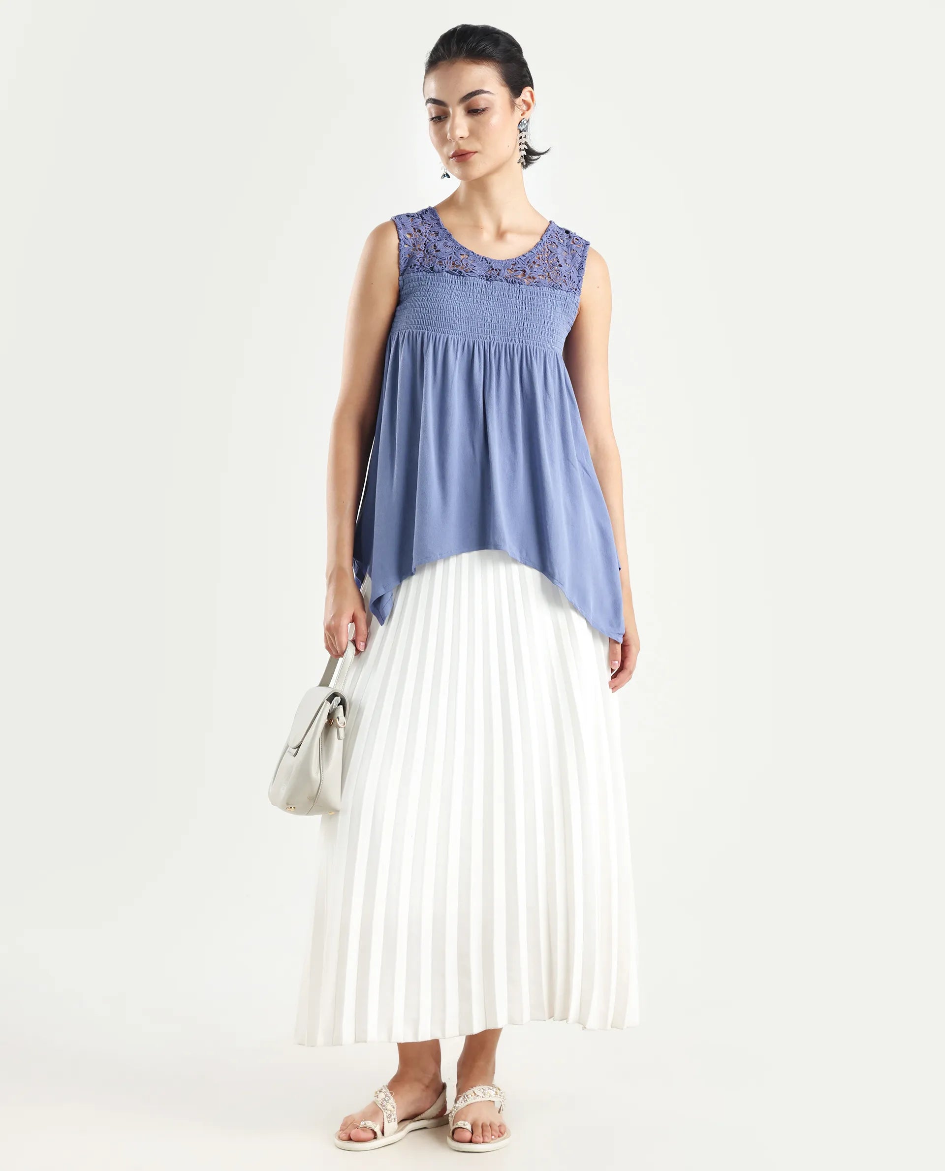 Rareism Women's Mumia Dusky Blue Viscose Blend Crew Neck Plain Sleeveless Regular Fit Top