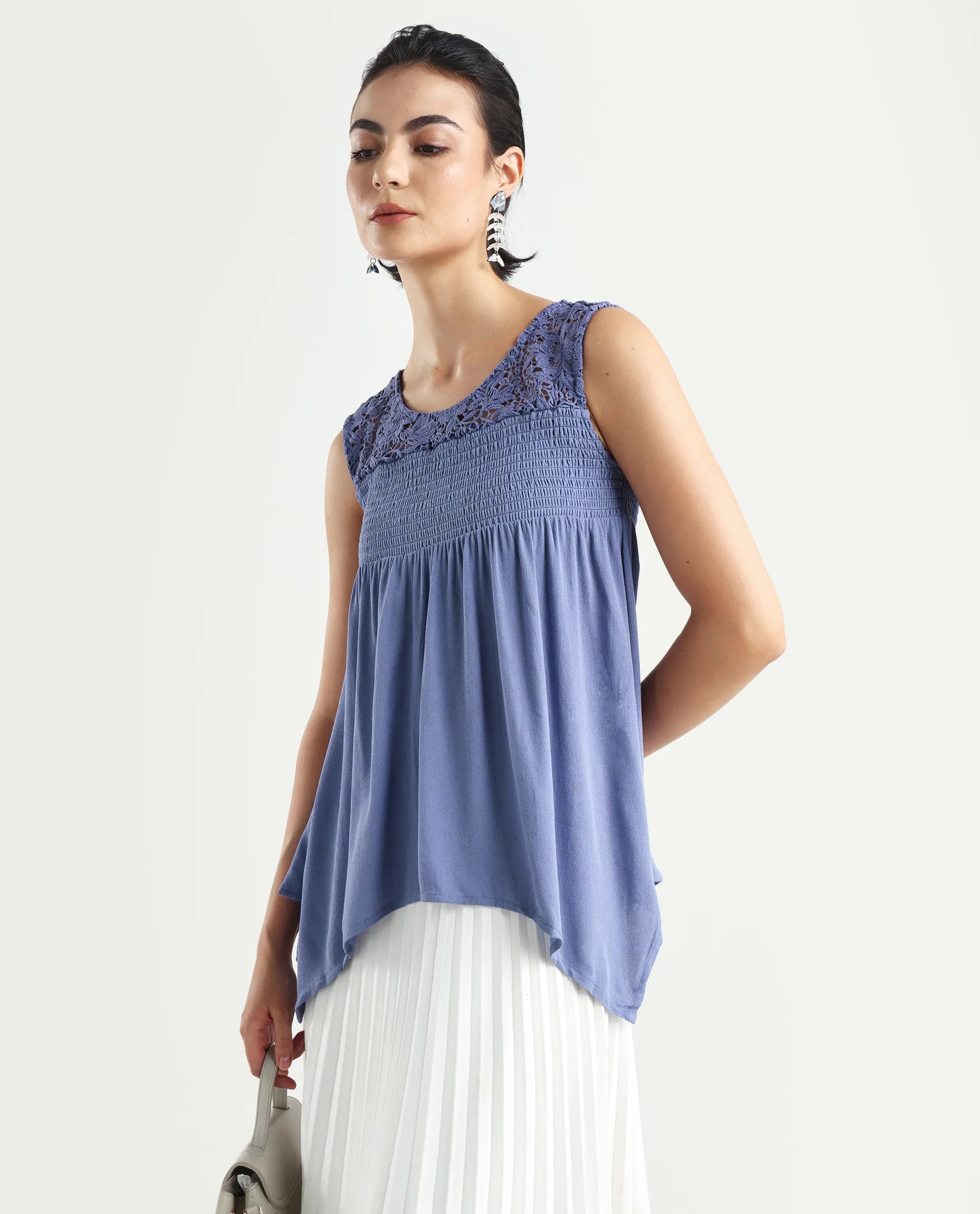 Rareism Women's Mumia Dusky Blue Viscose Blend Crew Neck Plain Sleeveless Regular Fit Top