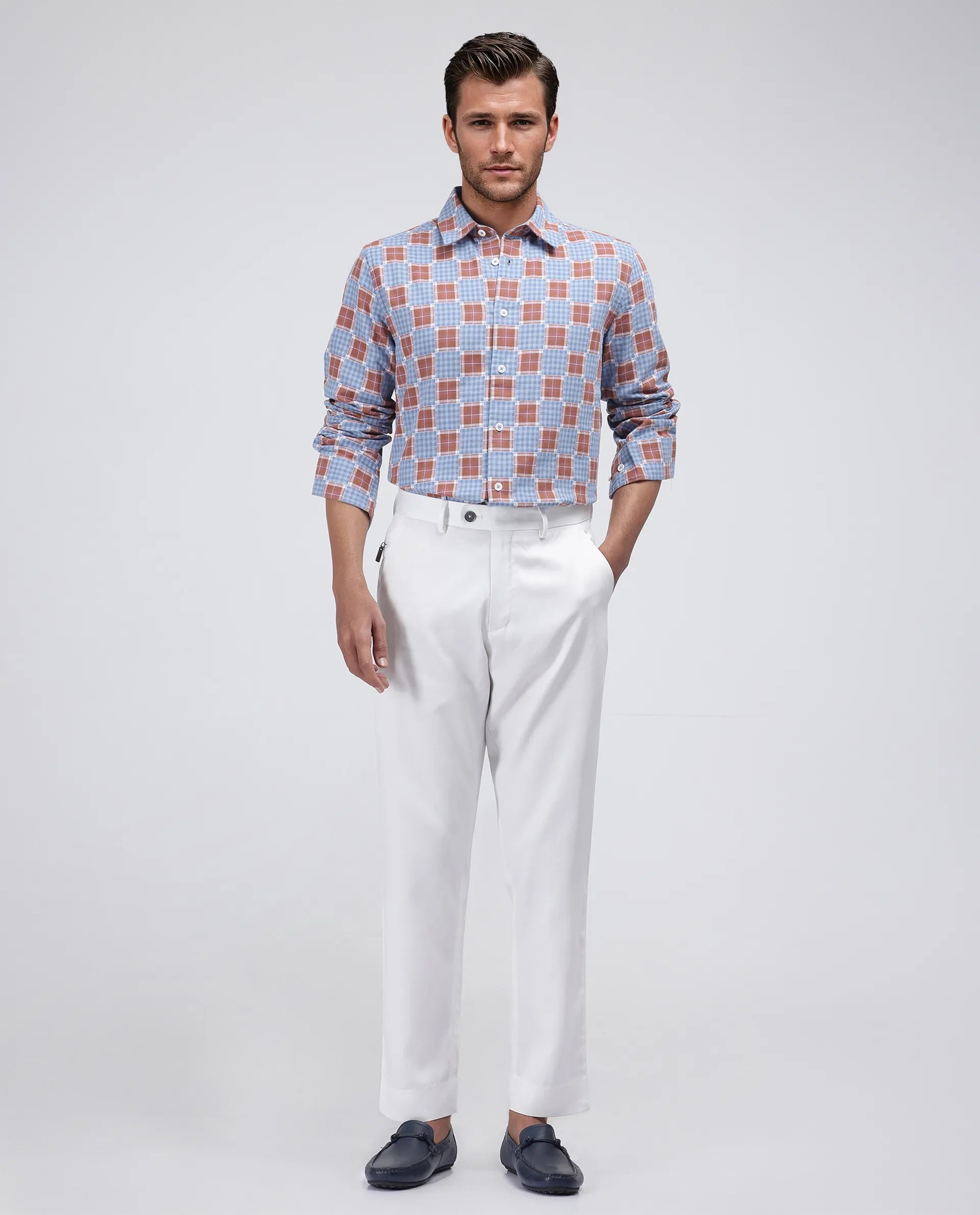 Rare Rabbit Men's Murcia Blue Cotton Fabric Full Sleeve Spread Collar Button Closure Checked Shirt