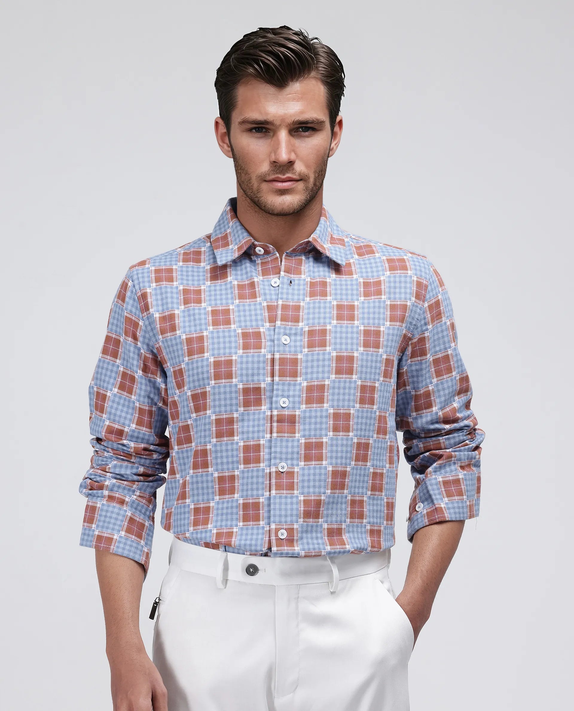 Rare Rabbit Men's Murcia Blue Cotton Fabric Full Sleeve Spread Collar Button Closure Checked Shirt