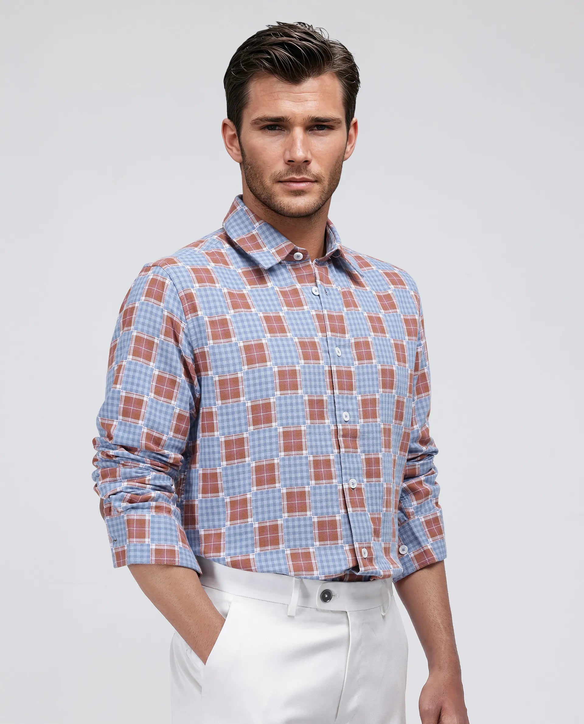 Rare Rabbit Men's Murcia Blue Cotton Fabric Full Sleeve Spread Collar Button Closure Checked Shirt