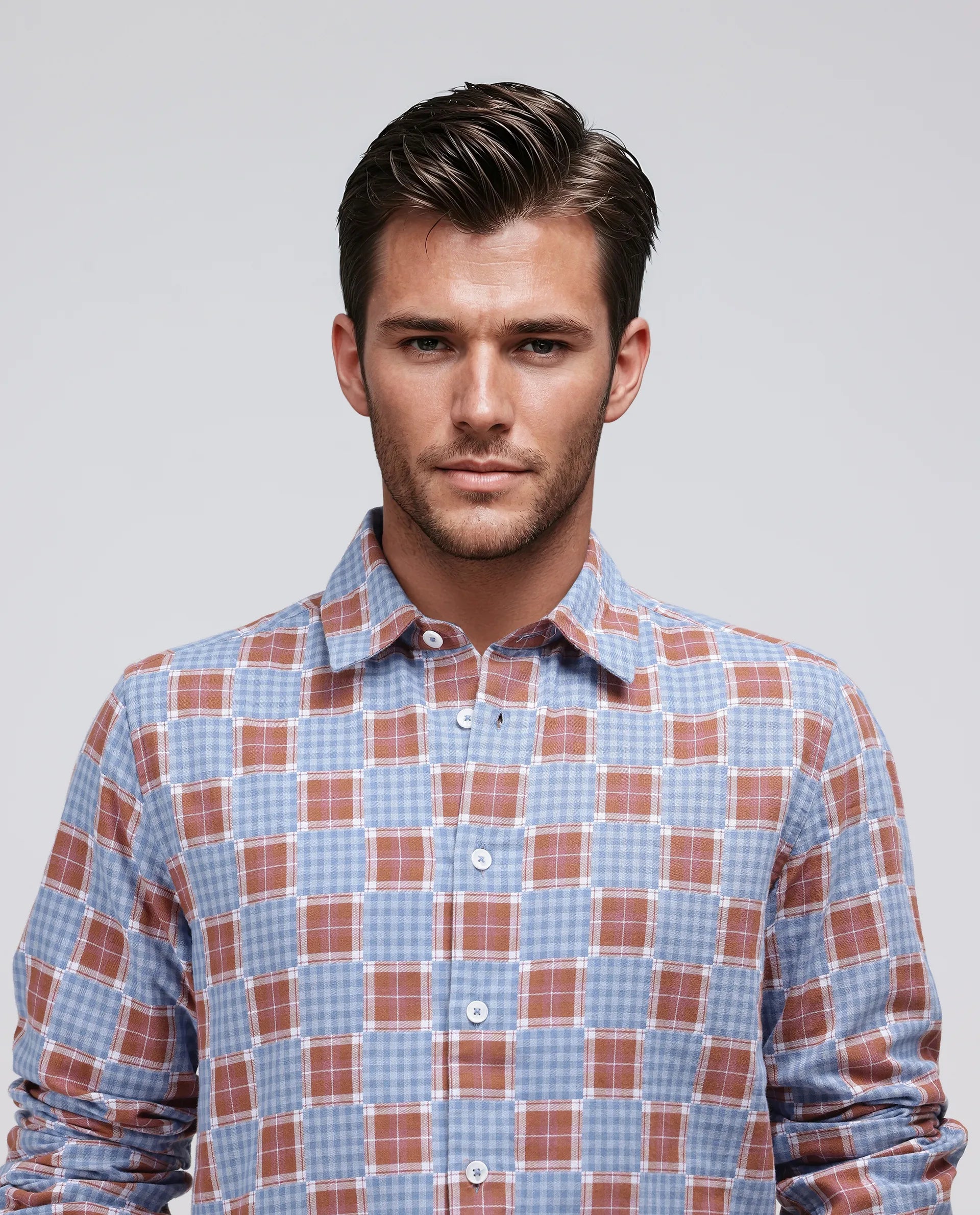 Rare Rabbit Men's Murcia Blue Cotton Fabric Full Sleeve Spread Collar Button Closure Checked Shirt