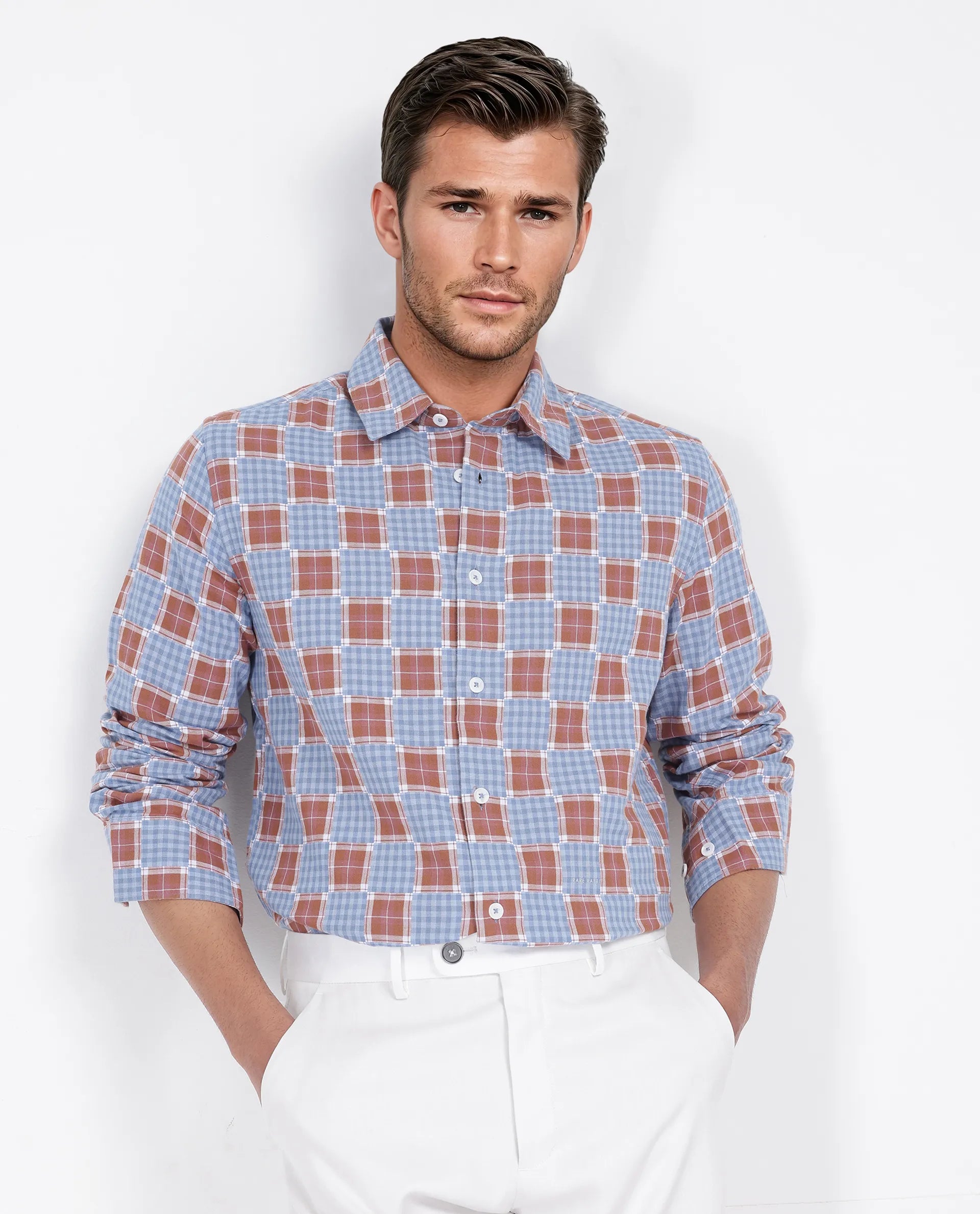 Rare Rabbit Men's Murcia Blue Cotton Fabric Full Sleeve Spread Collar Button Closure Checked Shirt