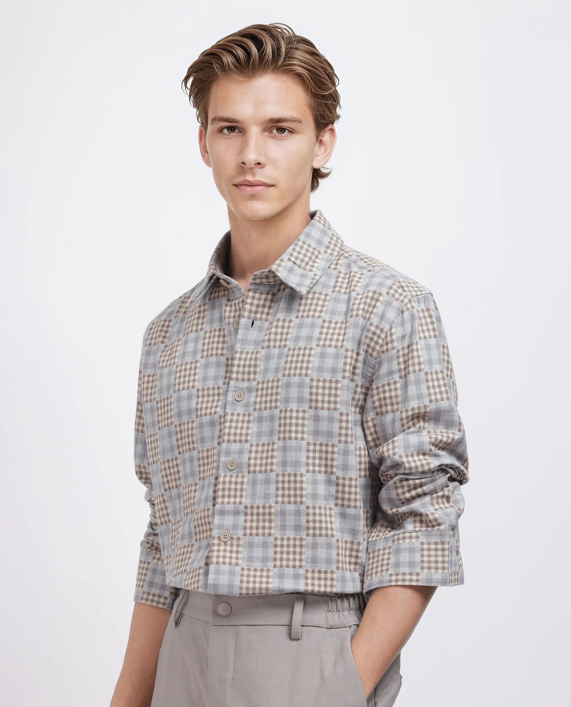 Rare Rabbit Men's Murcia Brown Cotton Fabric Full Sleeve Collared Neck Button Closure Checked Shirt