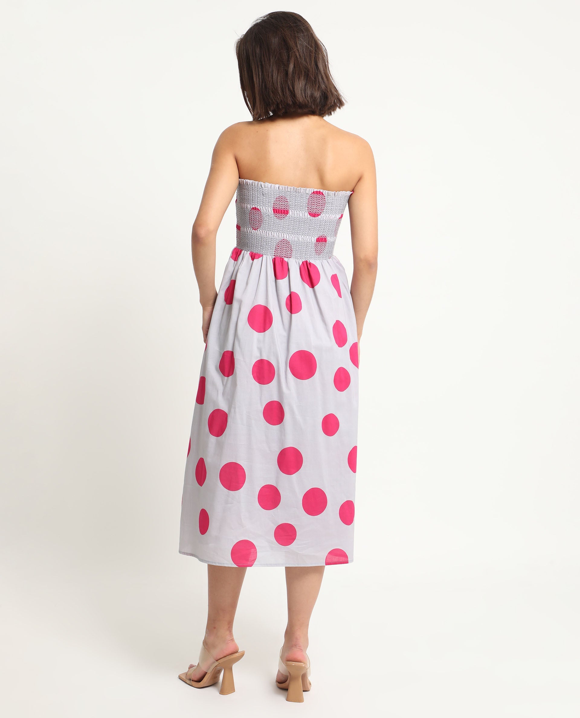 Rareism Women Mureel Grey Cotton Fabric Sleeveless Shoulder Straps Fit And Flare Polka Knee Length Empire Dress