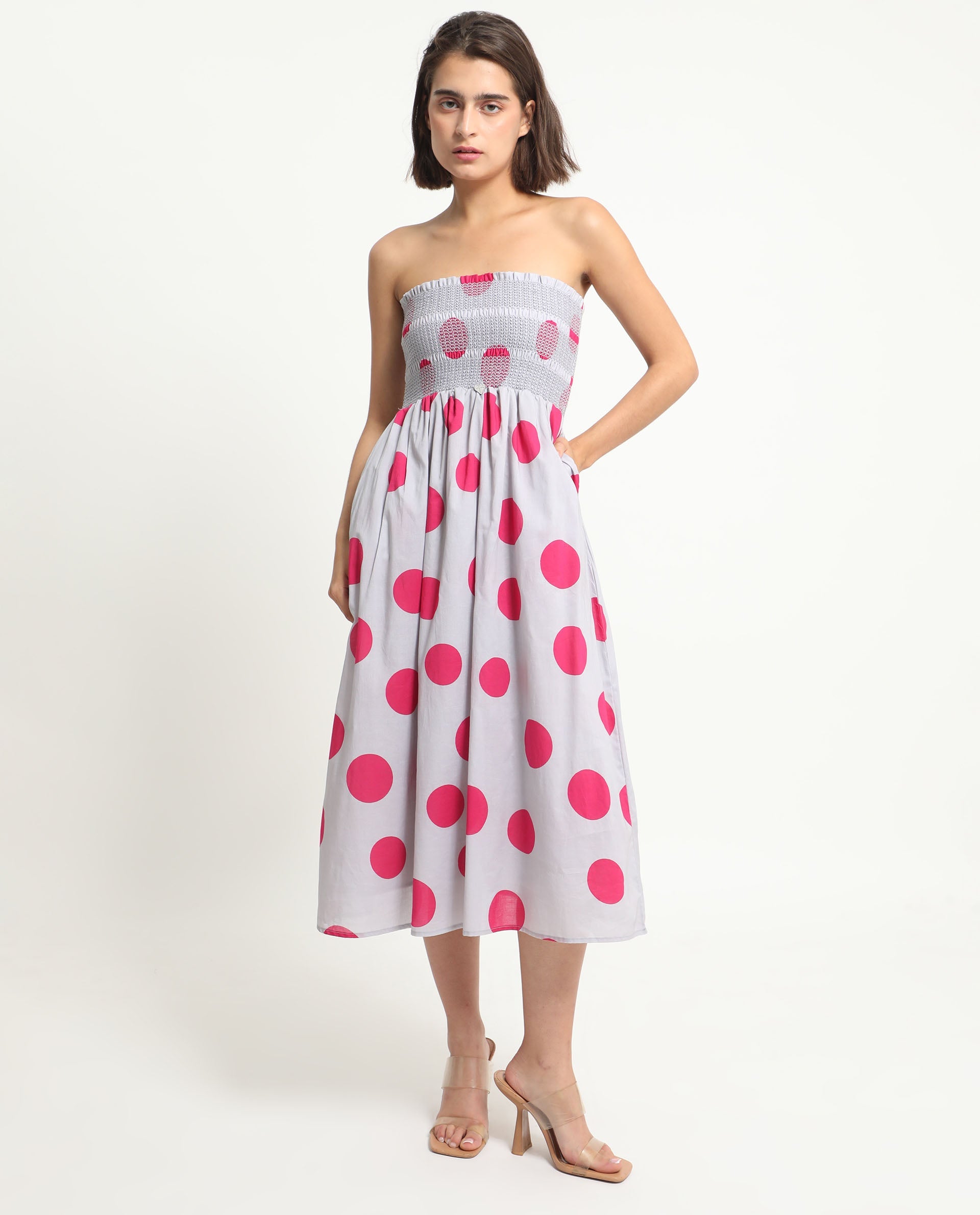 Rareism Women Mureel Grey Cotton Fabric Sleeveless Shoulder Straps Fit And Flare Polka Knee Length Empire Dress