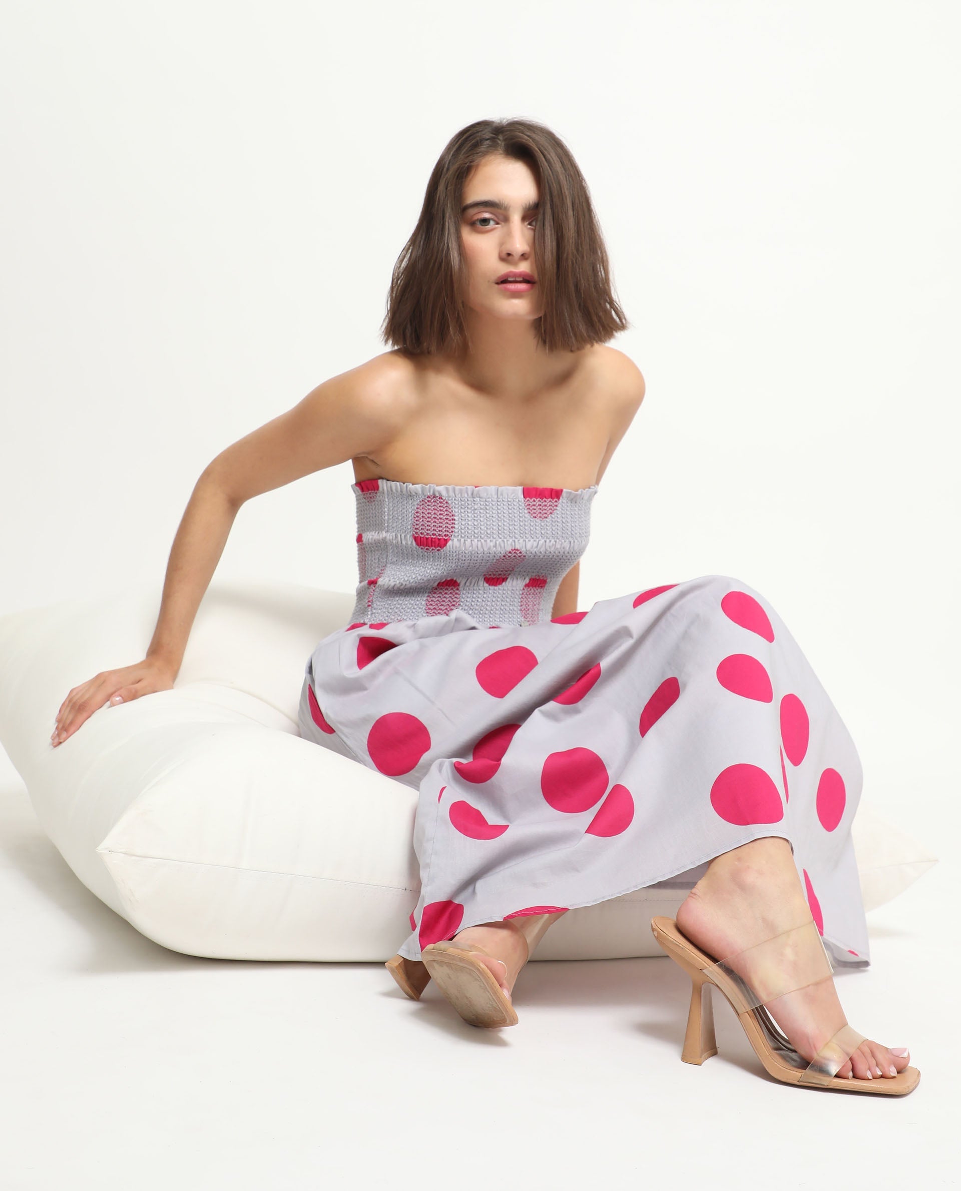 Rareism Women Mureel Grey Cotton Fabric Sleeveless Shoulder Straps Fit And Flare Polka Knee Length Empire Dress