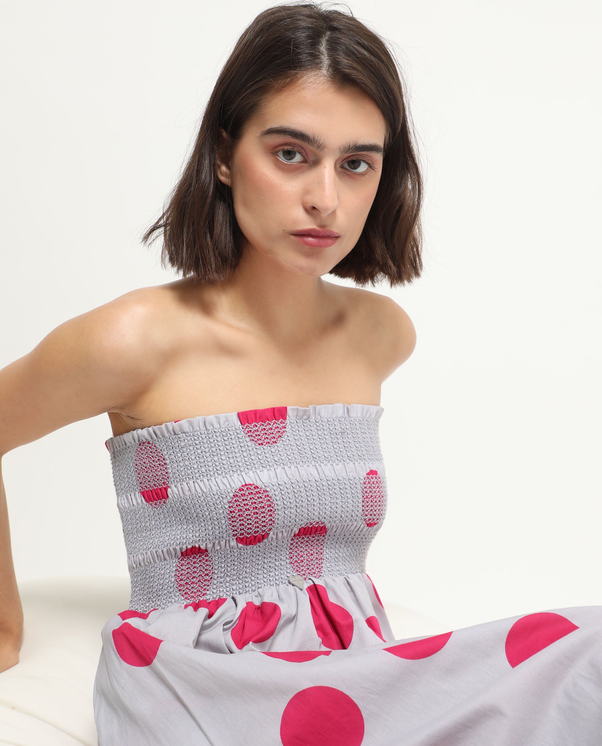 Rareism Women Mureel Grey Cotton Fabric Sleeveless Shoulder Straps Fit And Flare Polka Knee Length Empire Dress