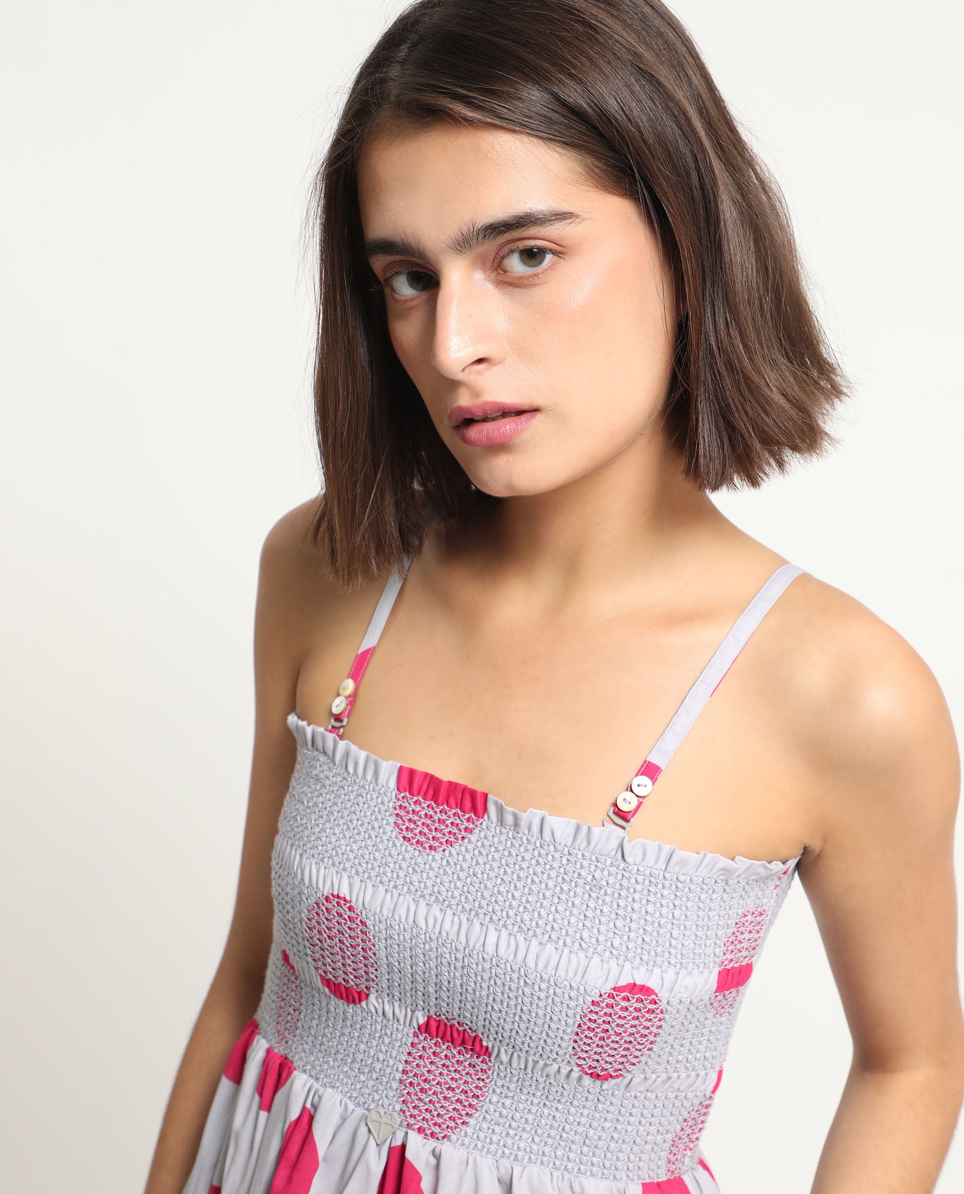 Rareism Women Mureel Grey Cotton Fabric Sleeveless Shoulder Straps Fit And Flare Polka Knee Length Empire Dress