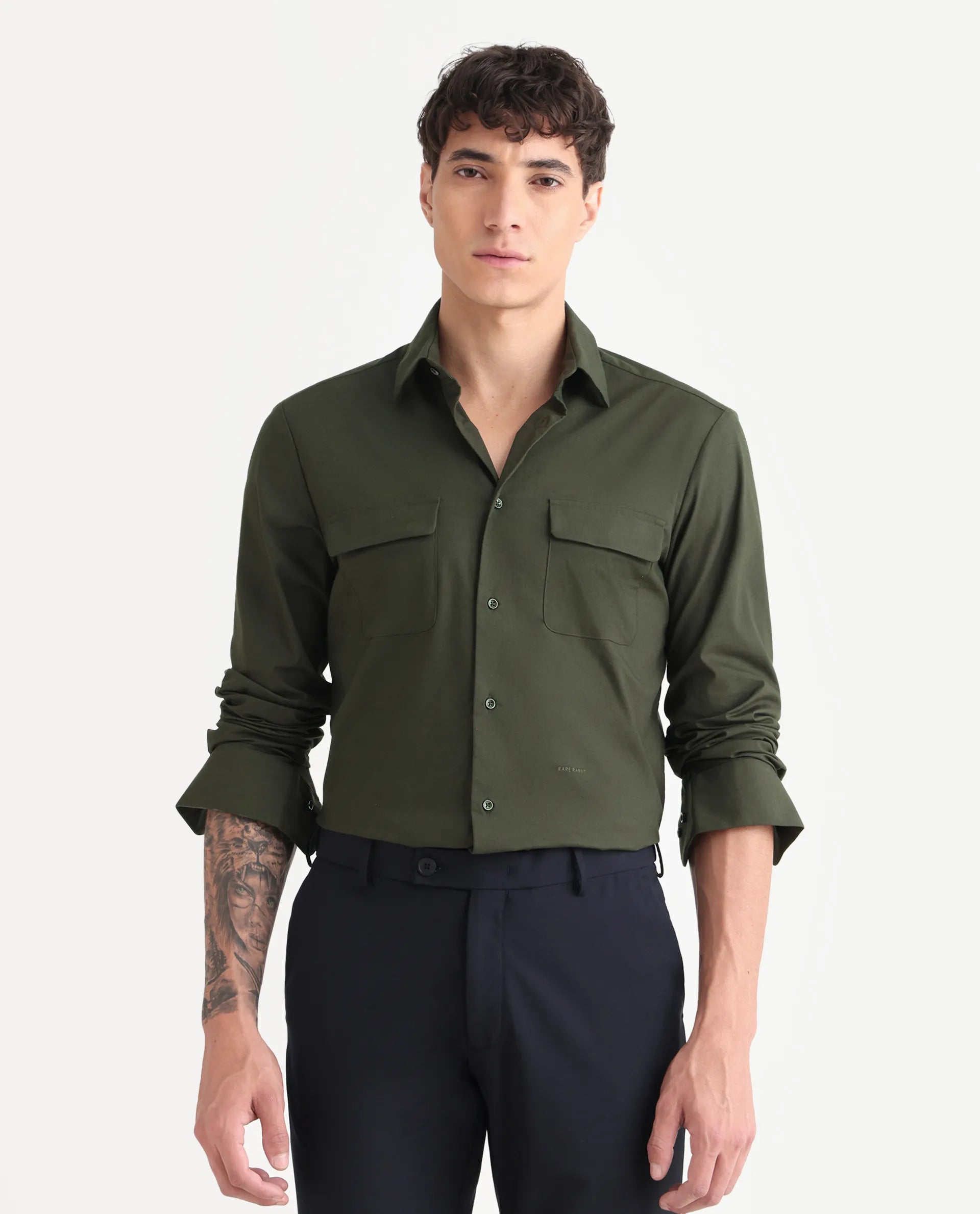 Rare Rabbit Men's Murp Olive Polyester Blend Plain Regular Fit Full Sleeve Collared Shirt