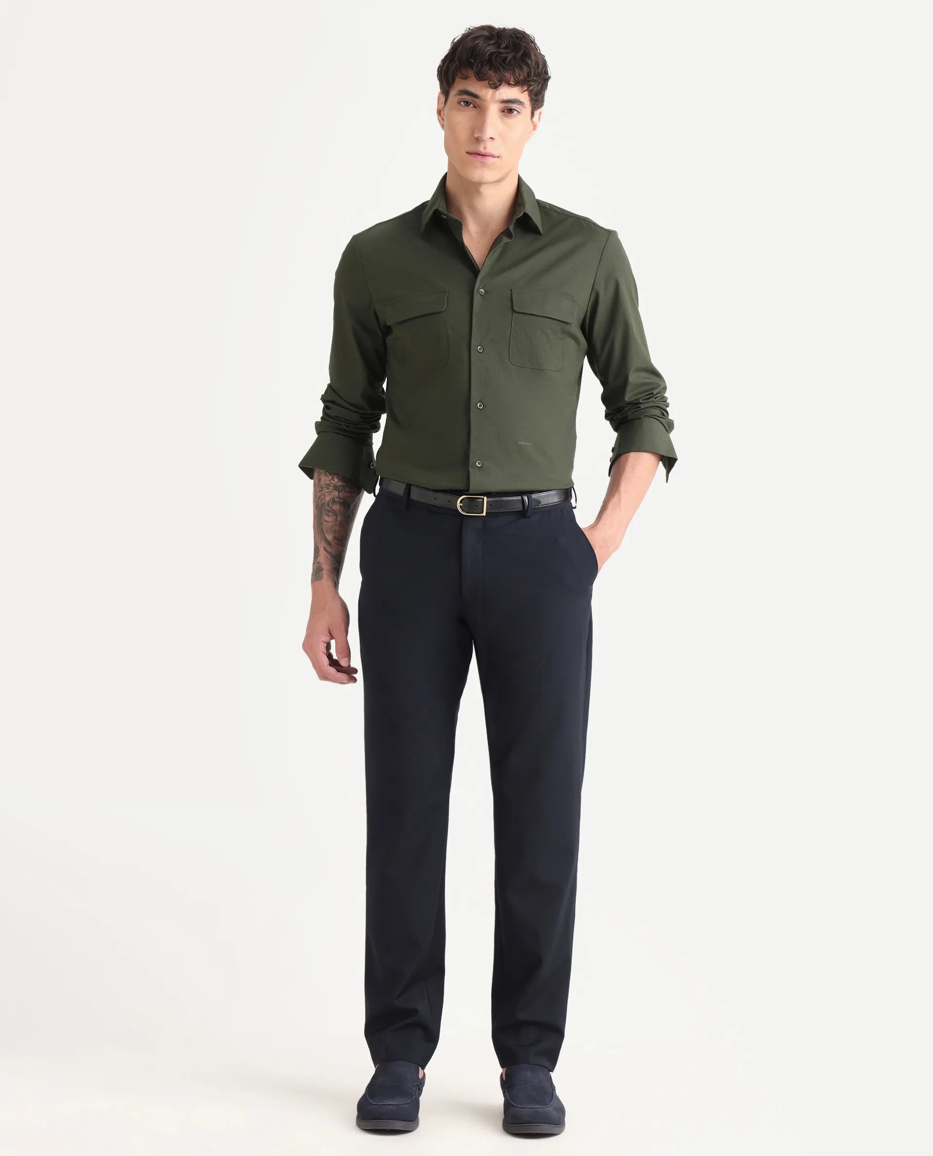 Rare Rabbit Men's Murp Olive Polyester Blend Plain Regular Fit Full Sleeve Collared Shirt