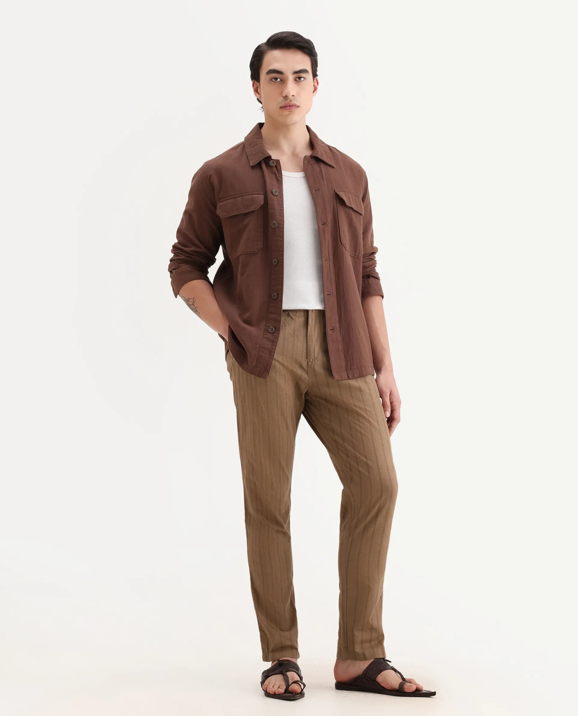 Rare Rabbit Men's Murray Brown Cotton Blend Striped Print Regular Fit Trouser