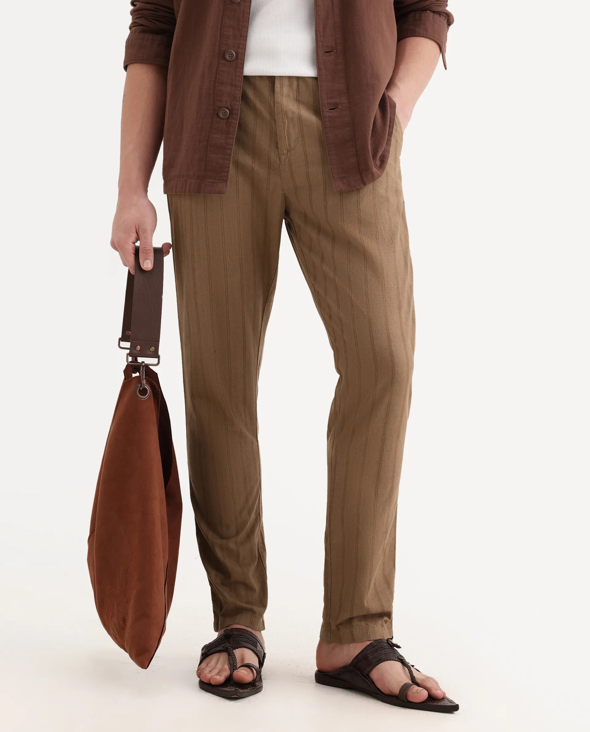 Rare Rabbit Men's Murray Brown Cotton Blend Striped Print Regular Fit Trouser