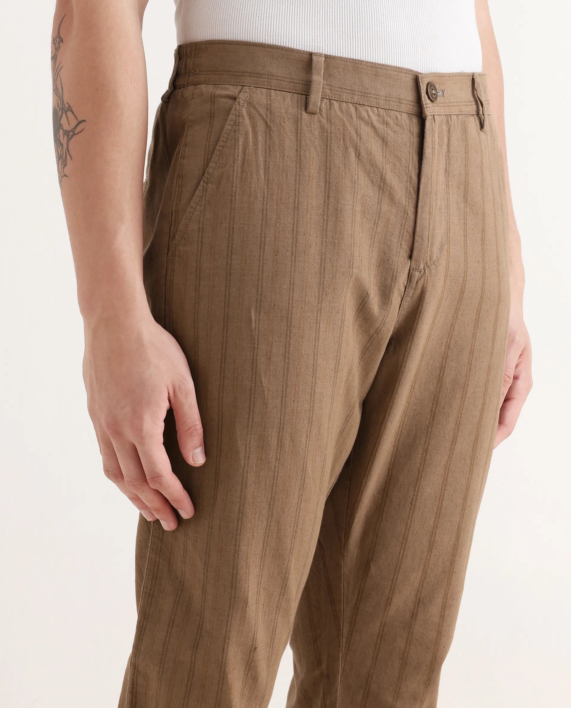 Rare Rabbit Men's Murray Brown Cotton Blend Striped Print Regular Fit Trouser