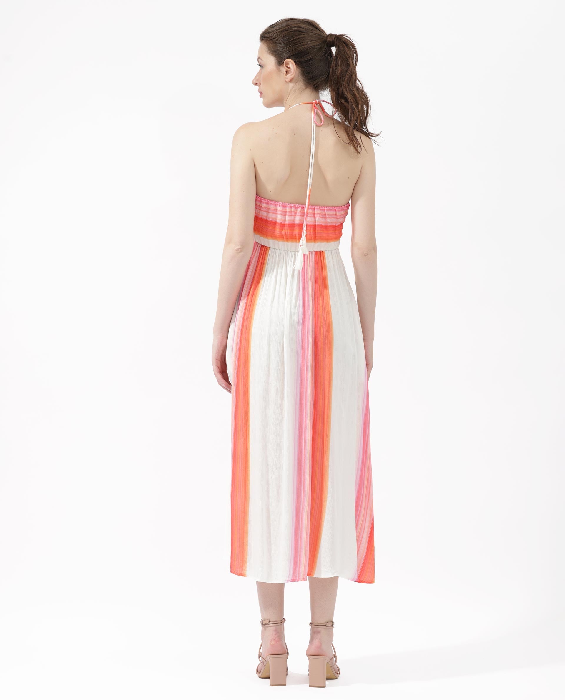 Rareism Women Muse Multi Viscose Fabric Tie-Up Closure Halter Neck Sleeveless Fit And Flare Striped Maxi Dress