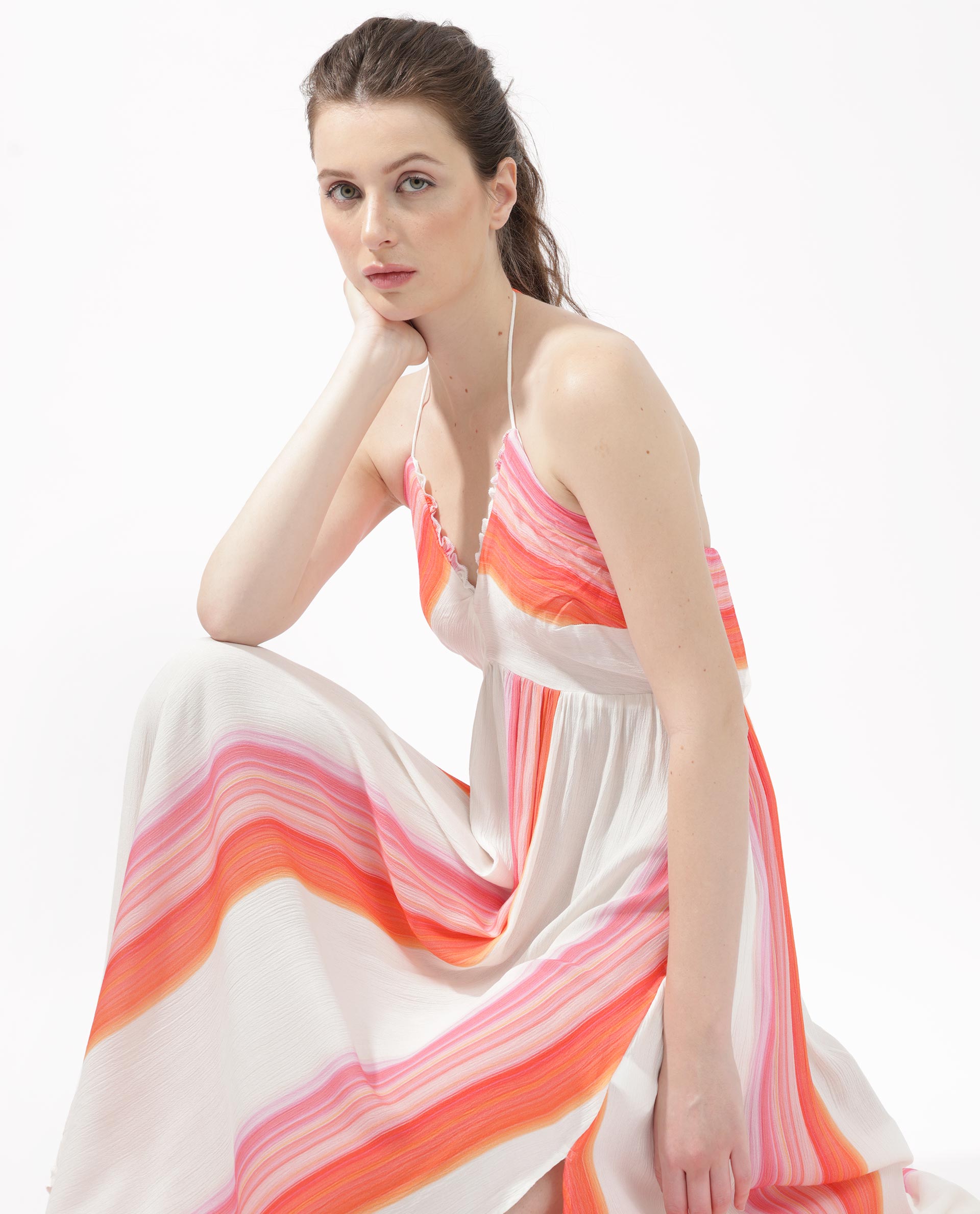 Rareism Women Muse Multi Viscose Fabric Tie-Up Closure Halter Neck Sleeveless Fit And Flare Striped Maxi Dress