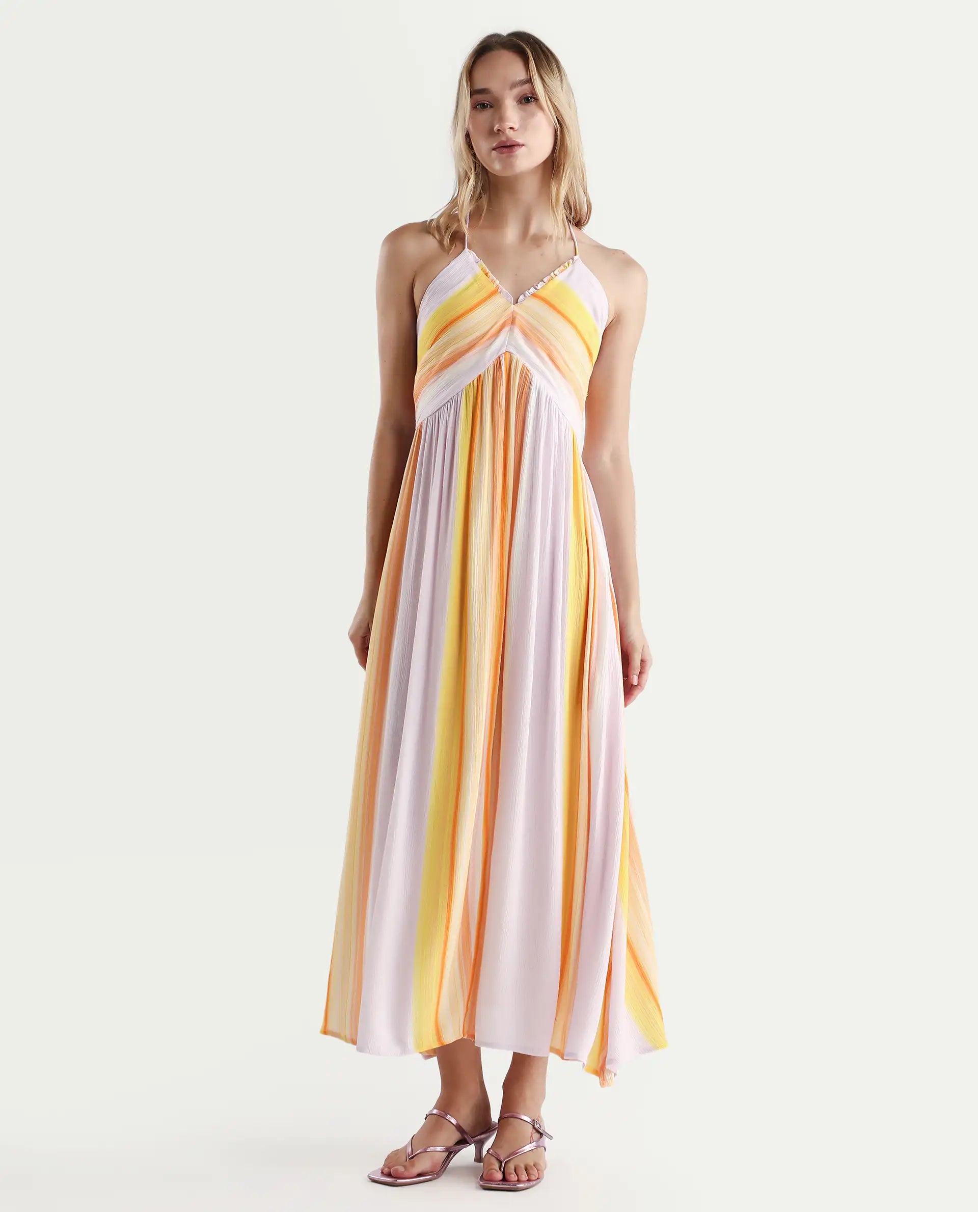 Rareism Women's Muse Pastel Purple Viscose Halter Neck Striped Sleeveless Maxi Fit And Flare Dress