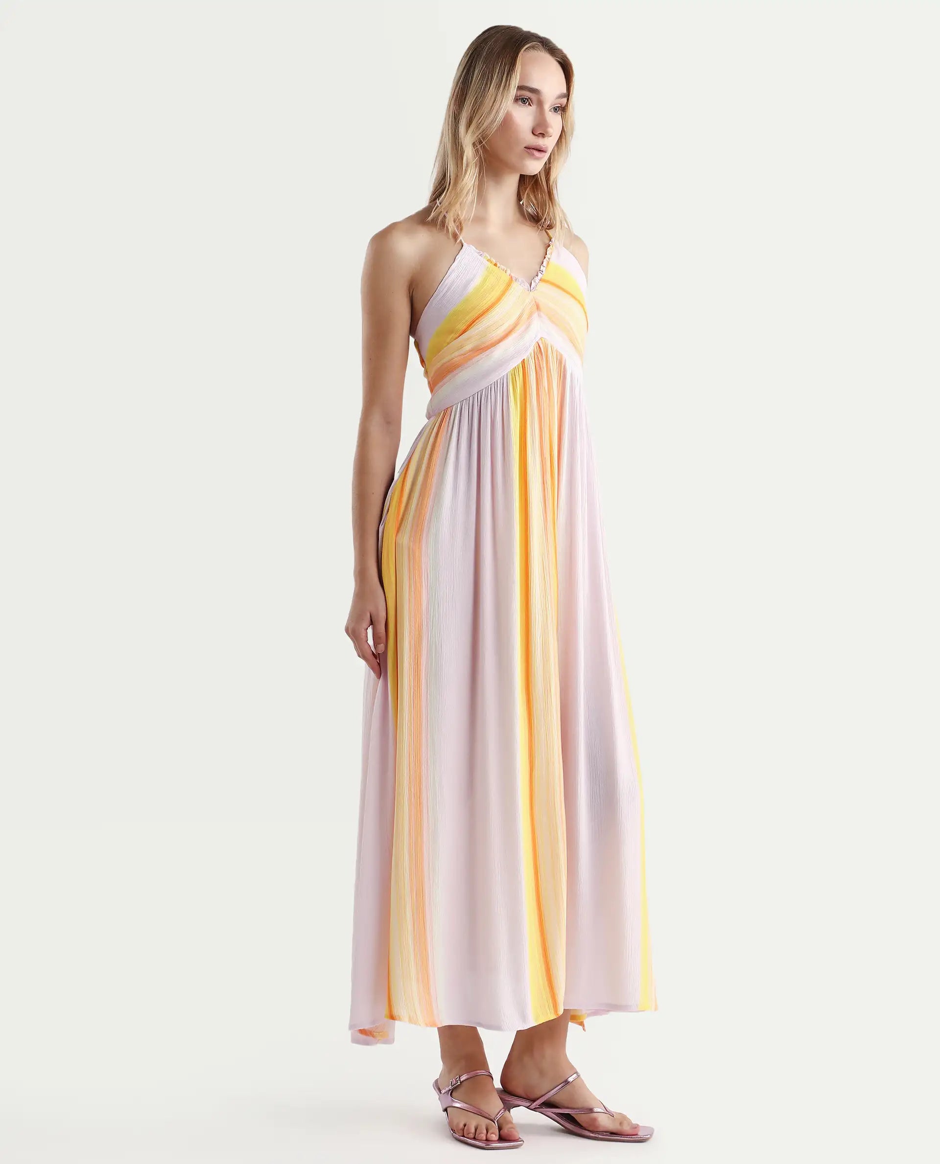 Rareism Women's Muse Pastel Purple Viscose Halter Neck Striped Sleeveless Maxi Fit And Flare Dress