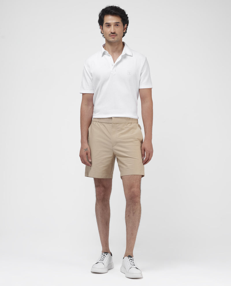 Rare Rabbit Mens Myka Khaki Cotton Elastane Fabric Button And Zip Closure Relaxed Fit Solid Shorts