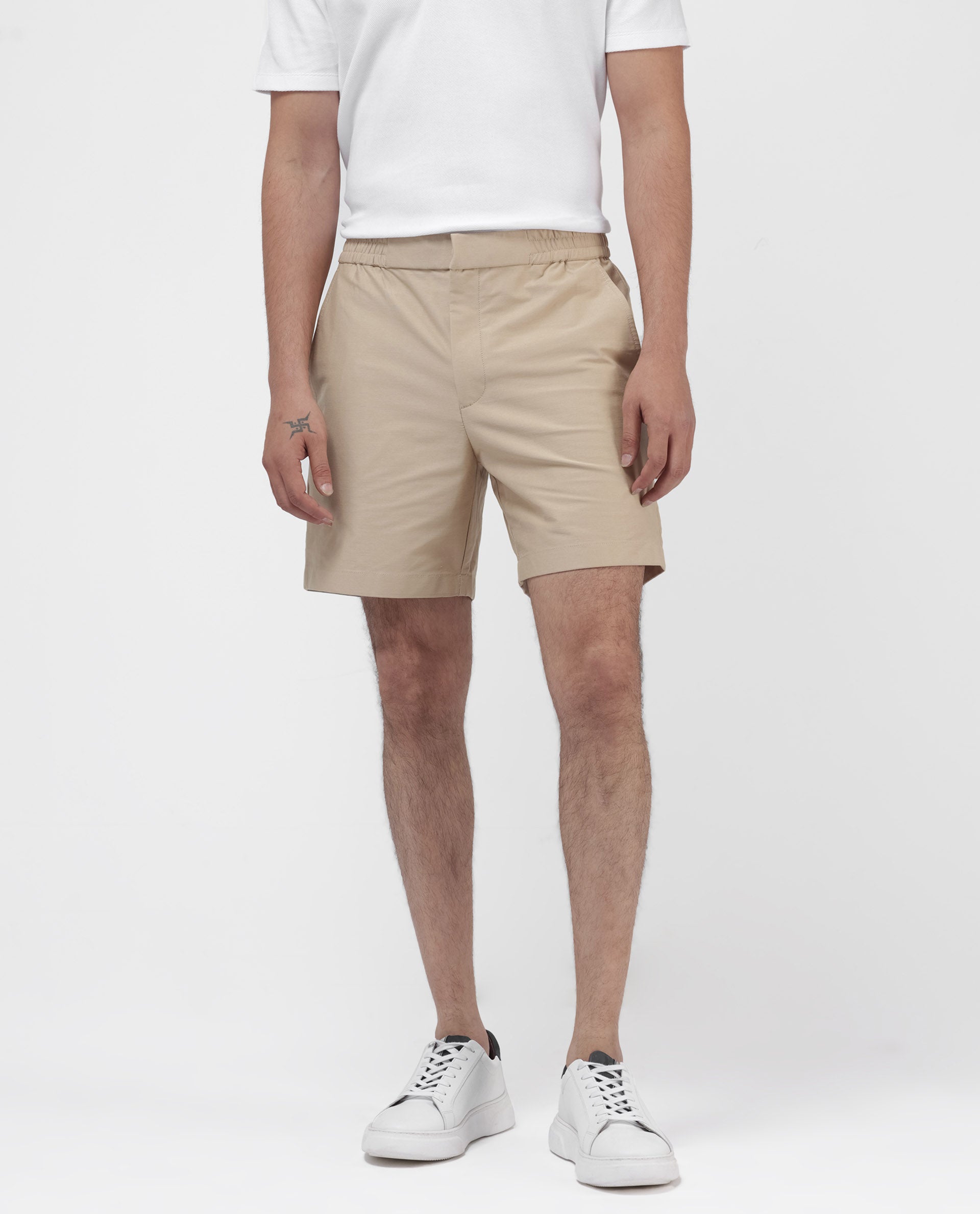 Rare Rabbit Mens Myka Khaki Cotton Elastane Fabric Button And Zip Closure Relaxed Fit Solid Shorts