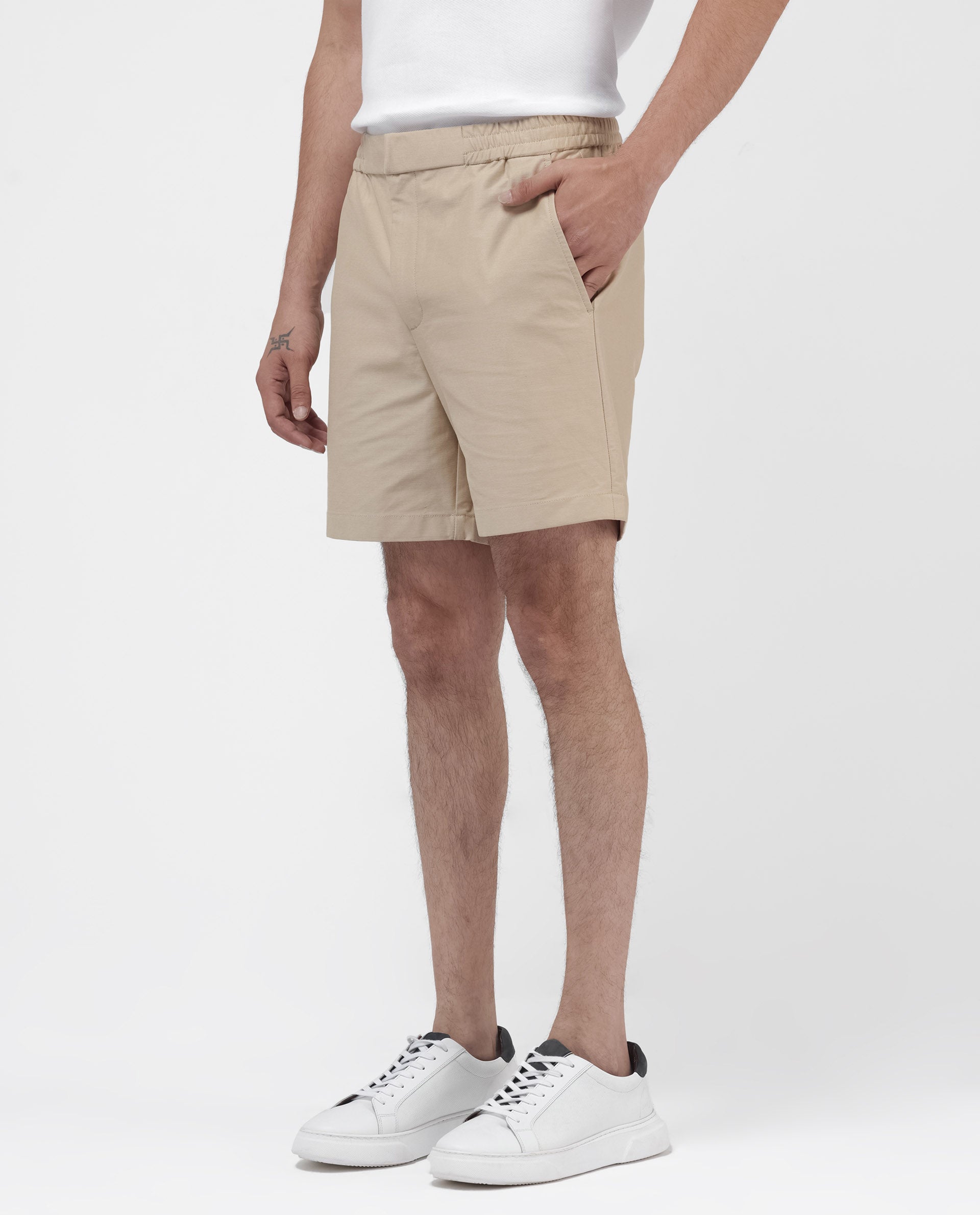 Rare Rabbit Mens Myka Khaki Cotton Elastane Fabric Button And Zip Closure Relaxed Fit Solid Shorts