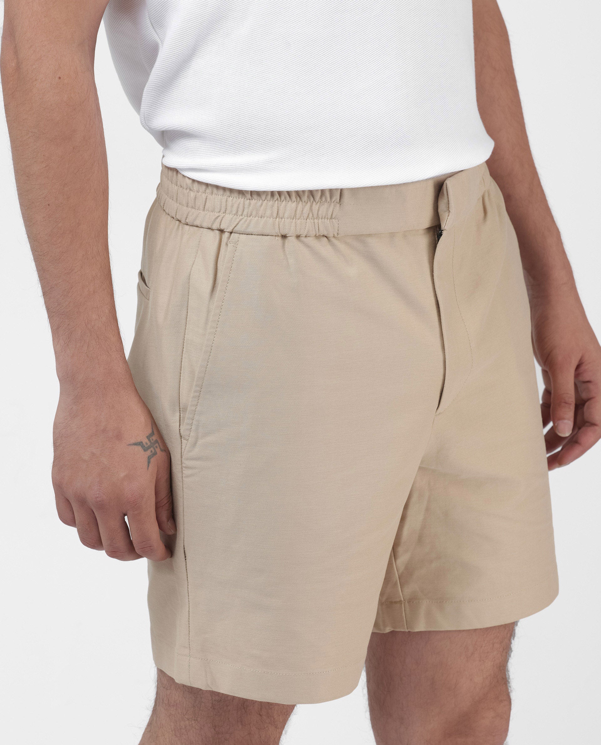 Rare Rabbit Mens Myka Khaki Cotton Elastane Fabric Button And Zip Closure Relaxed Fit Solid Shorts