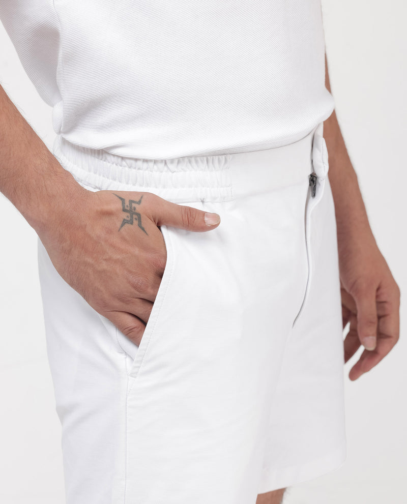 Rare Rabbit Mens Myka White Cotton Elastane Fabric Button And Zip Closure Relaxed Fit Solid Shorts
